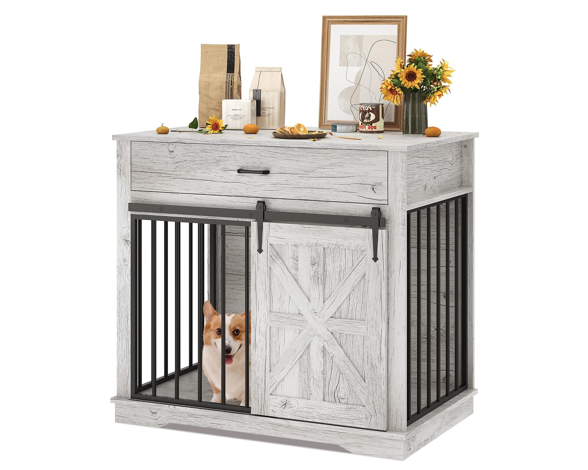 Dog Crate Furniture, 37.8" Large Dog Kennel Indoor, Wooden Kennel Table with Sliding Barn Door and Storage Drawer, Indoor Dog House for Large/Medium/Small Dogs Grey