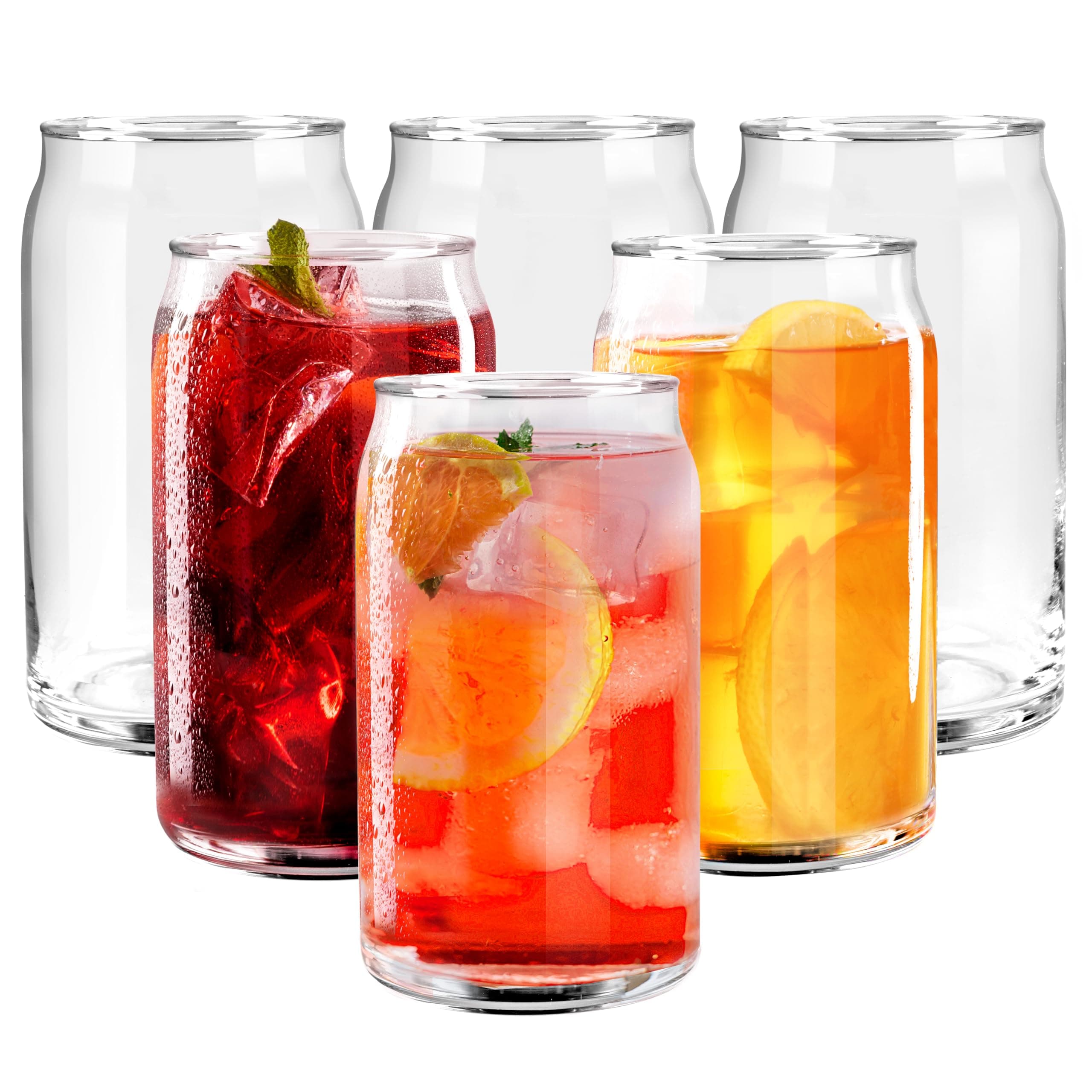 GLING [6 Pack - 16 oz.] Glass Can Shaped Cups Beer & Coffee Tumbler Glasses, Cordial Glasses, Cocktail Glasses