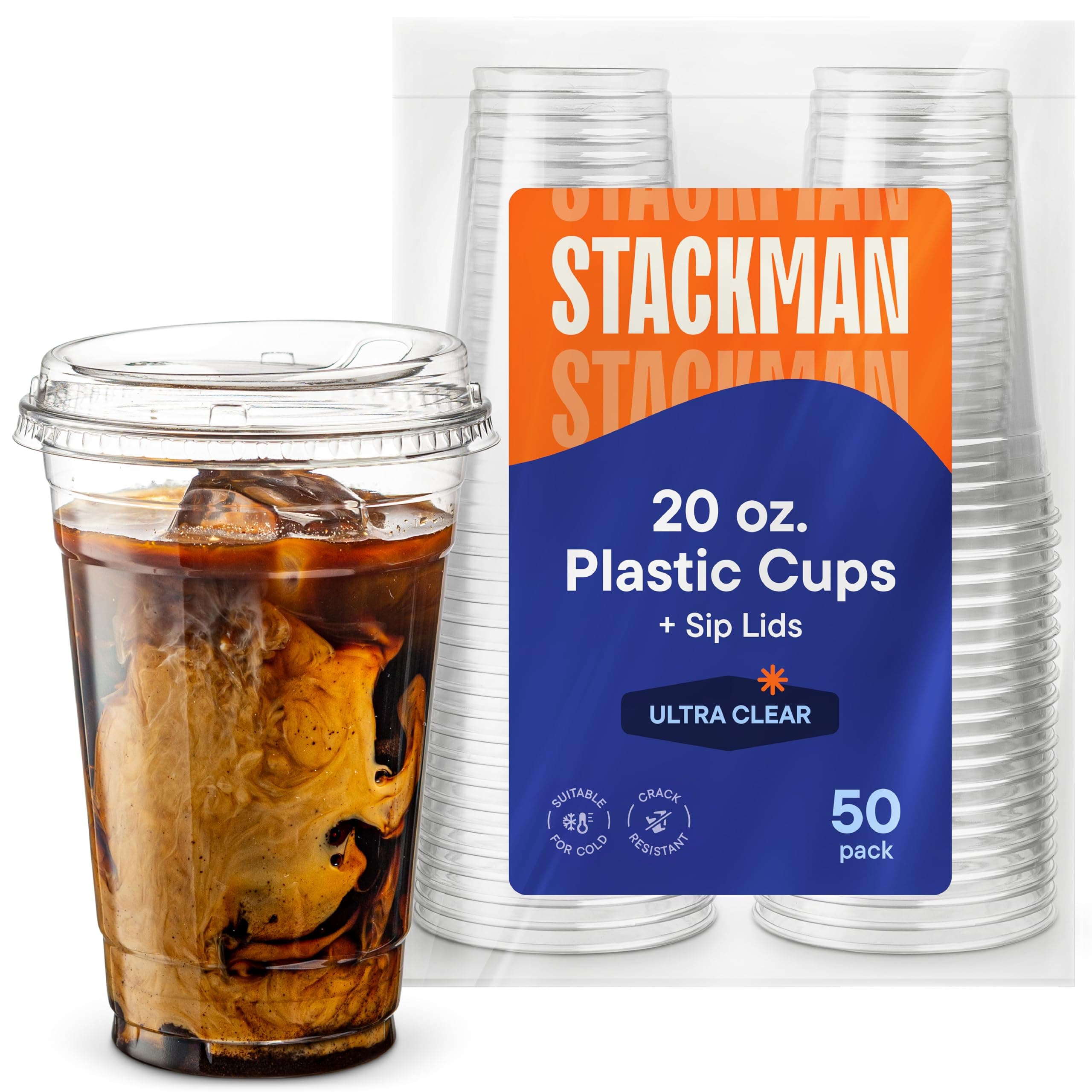 20 oz Clear Plastic Cups with Strawless Sip-Lids [50 Sets] PET Crystal Clear Disposable 16oz Plastic Cups with Lids - Crystal Clear, Durable Cup - BPA Free + Crack Resistant, for Coffee, Juice, Shakes 20 oz.