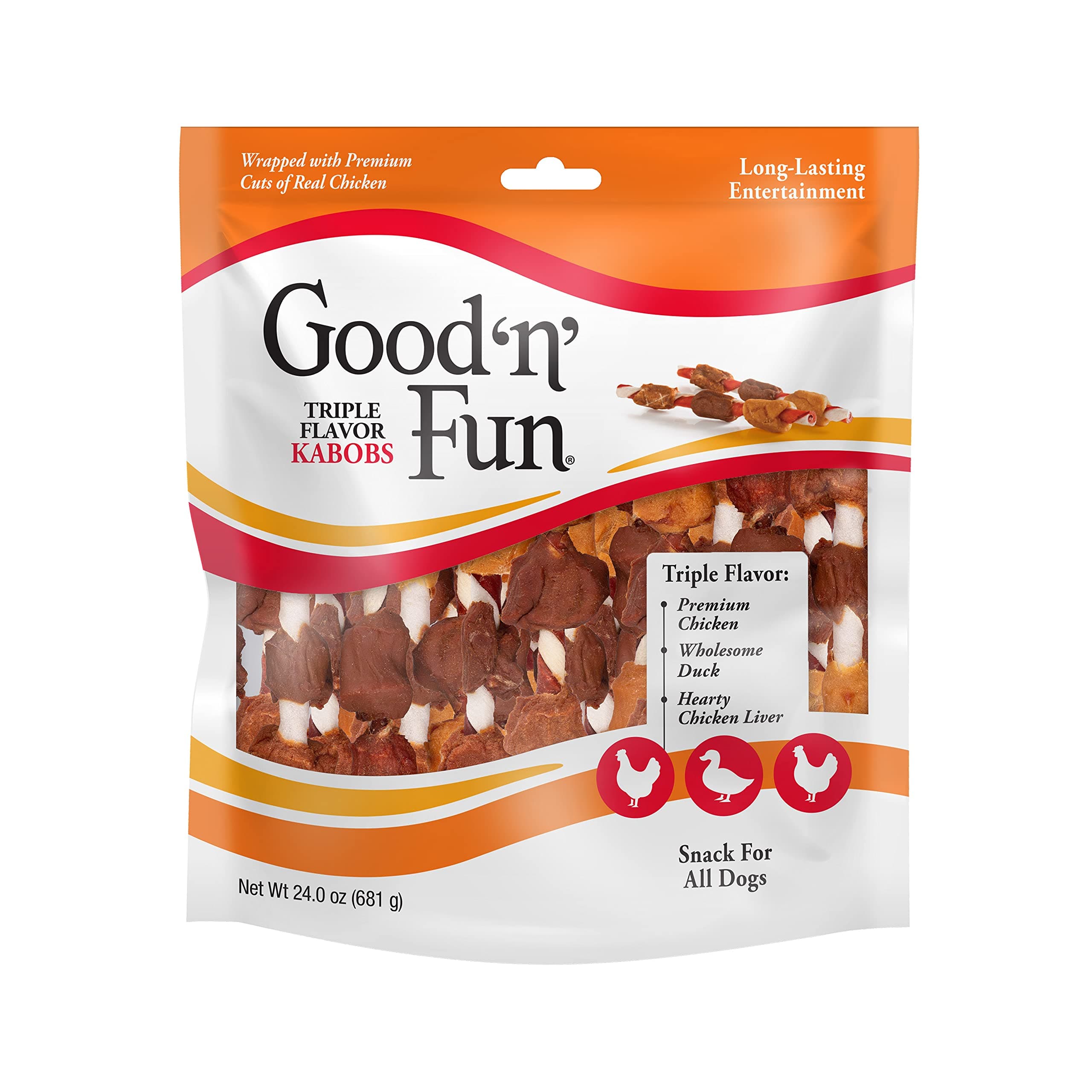 Good ‘n’ Fun Triple Flavor Kabobs Chews for All Dogs, 24 Ounces, Treat Your Dog to Chews Made from Beef Hide, Real Chicken, Pork Hide, Duck and Chicken Liver 1.5 Pound (Pack of 1)