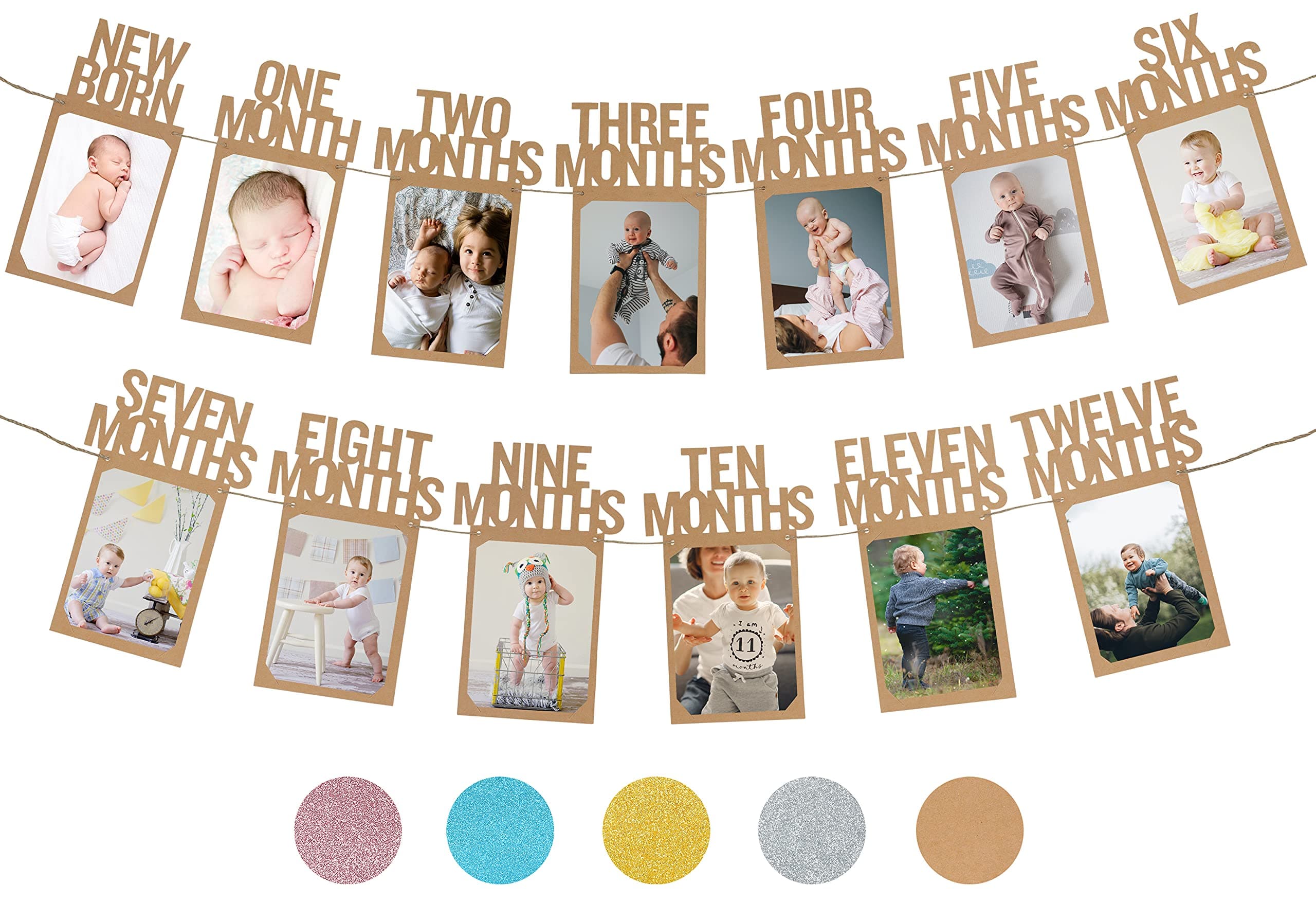 PartyHooman 1st Birthday Photo Banner for Baby from Newborn to 12 Months, First Birthday Decorations Boy or Girl Monthly Milestones Garland | 1 Year Old Photo Banner Pre-strung with Frame (Kraft)