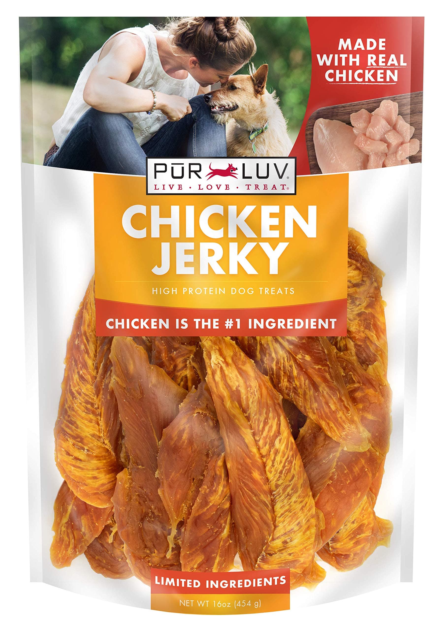 Pur Luv Chicken Jerky Dog Treats, Made with 100% Real Chicken Breast, 16 Ounces, Healthy, Easily Digestible, Long-Lasting, High Protein, Satisfies Dog's Urge to Chew Chicken 1 Pound (Pack of 1)