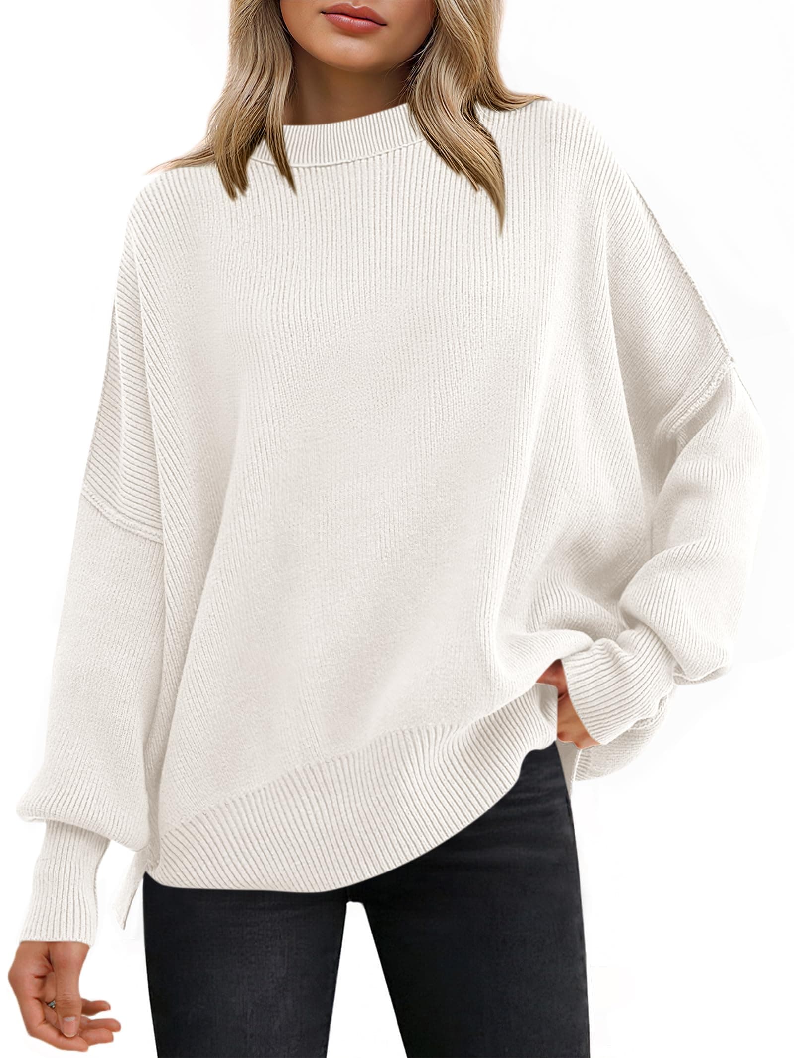 ANRABESS Women Oversized Sweaters Batwing Long Sleeve 2025 Fall Outfits Crewneck Casual Knit Side Slit Fashion Pullover Top Medium White