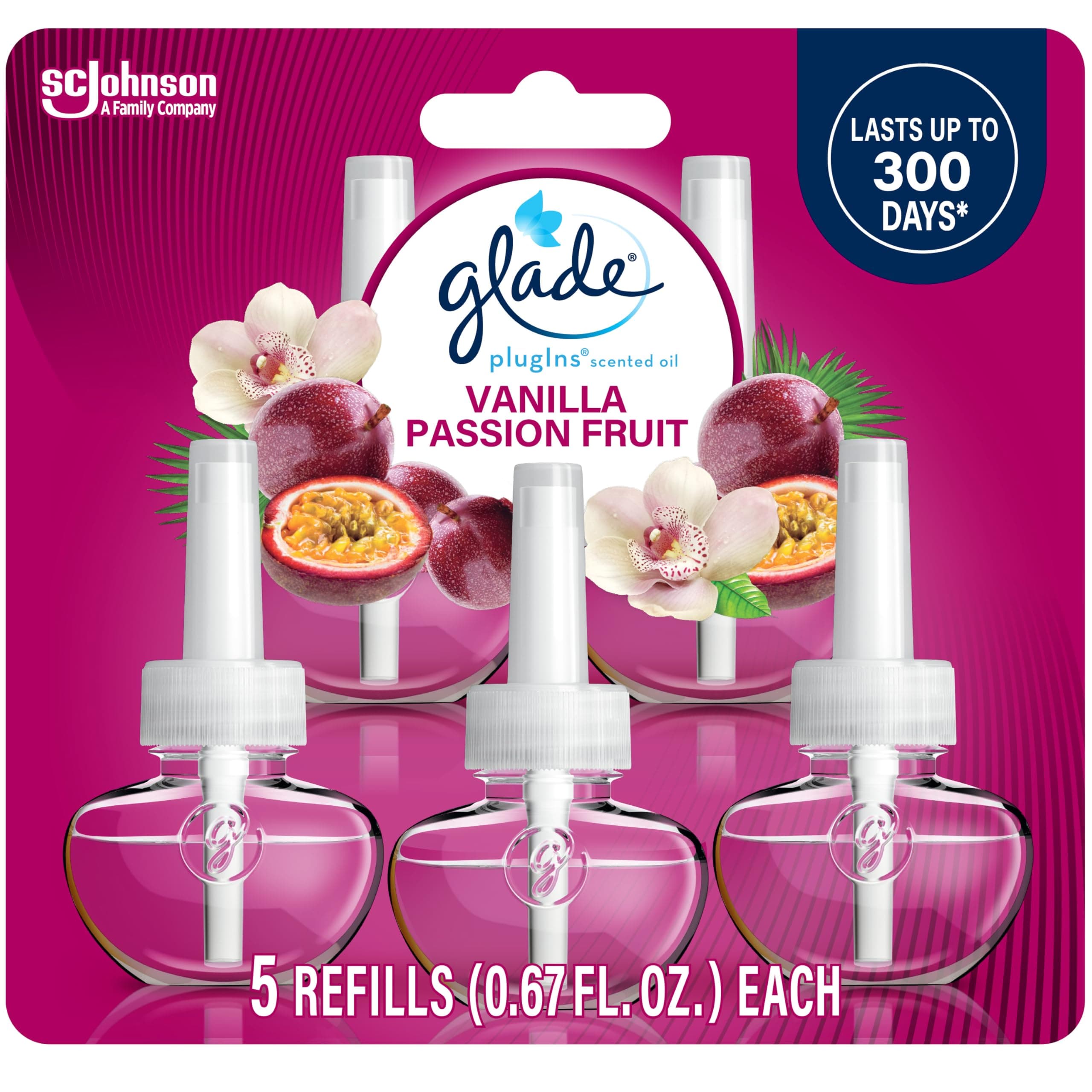 Glade PlugIns Refills Air Freshener, Scented and Essential Oils for Home and Bathroom, Vanilla Passion Fruit, 3.35 Fl Oz, 5 Count Vanilla Passion Fruit 3.35 Fl Oz (Pack of 1)
