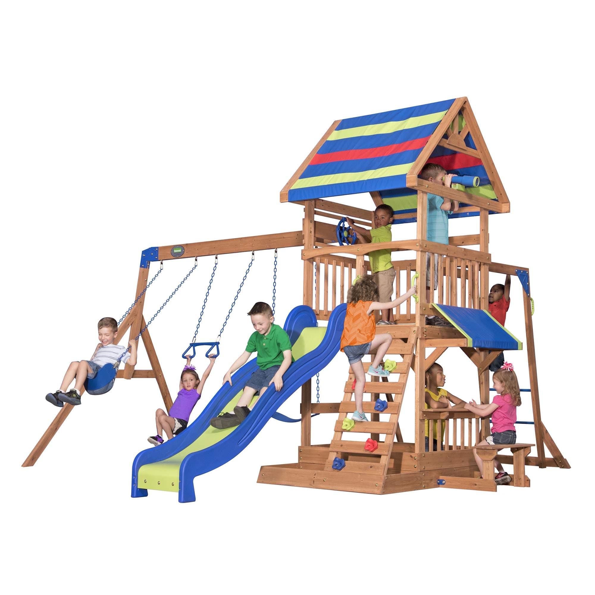 Backyard Discovery Beach Front Cedar Wood Swing Set with Wave Slide, Play Deck, Monkey Bars, Rock Wall Ladder, Shaded Picnic Area, Snack Bar, Belt Swings, Trapeze, Sandbox Area, Outdoor Playset Multicolor Large