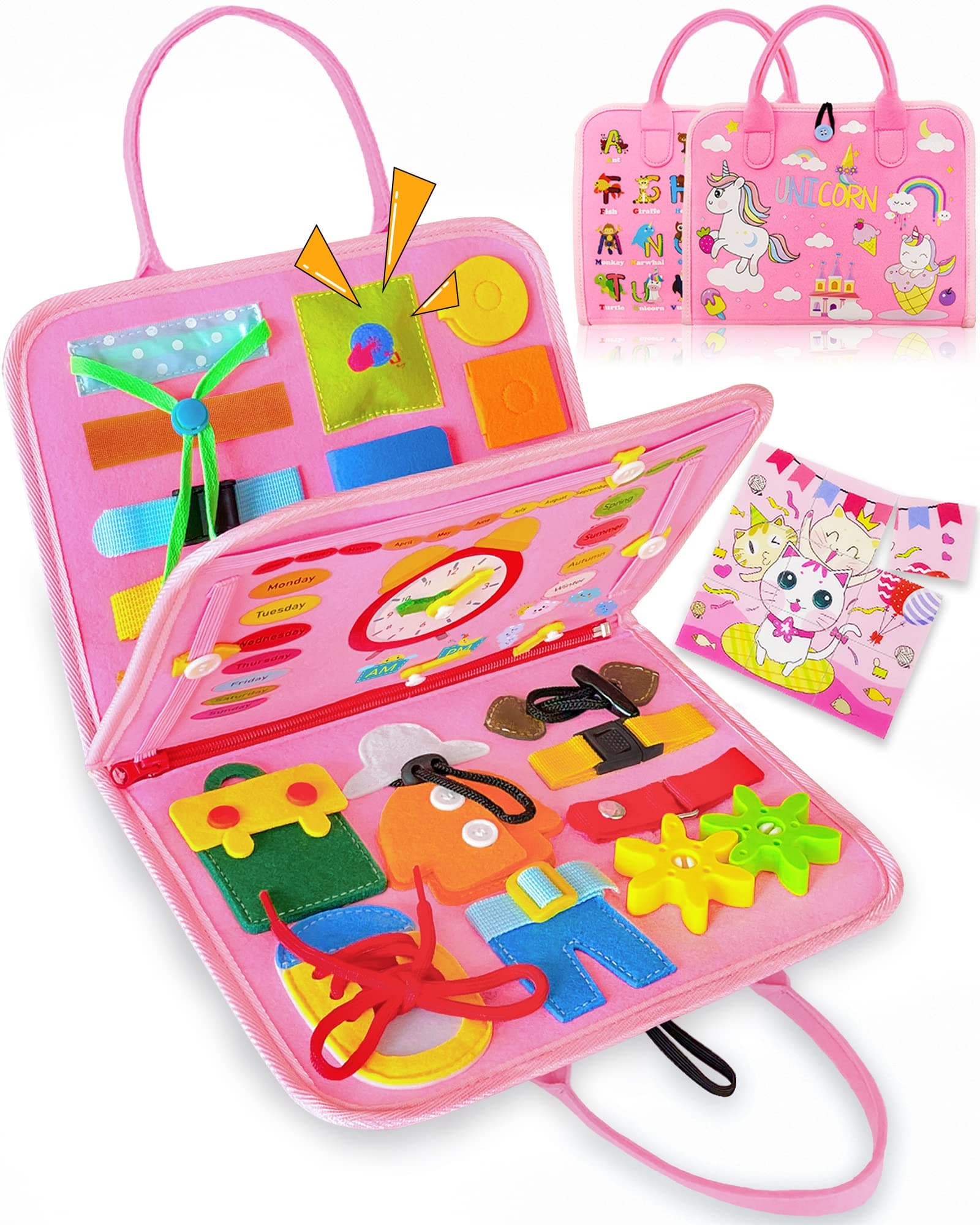 Exorany Busy Board Montessori Toys for Toddler Girls & Boys Birthday Gifts, Sensory Toys for Toddlers, Educational Travel Toy, Preschool Activities for Learning Fine Motor Skills Pink/P4