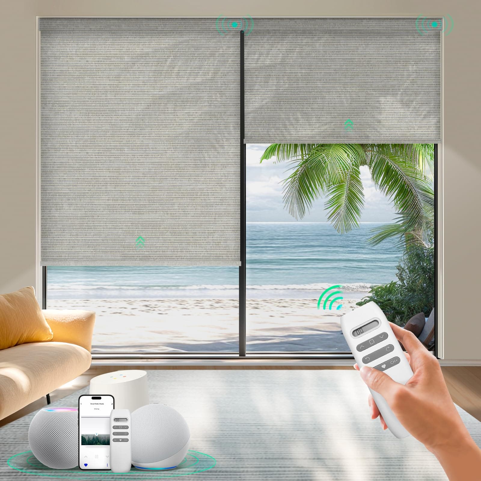 Motorized Roller Shades, Smart Blinds for Windows, Remote Automatic Window Shades, Electric Shades, Light Filtering, Compatible with Alexa Google Apple Home (Sun Kissed-Grayish Coffee LF) Sun Kissed-grayish Coffee Lf Custom Size