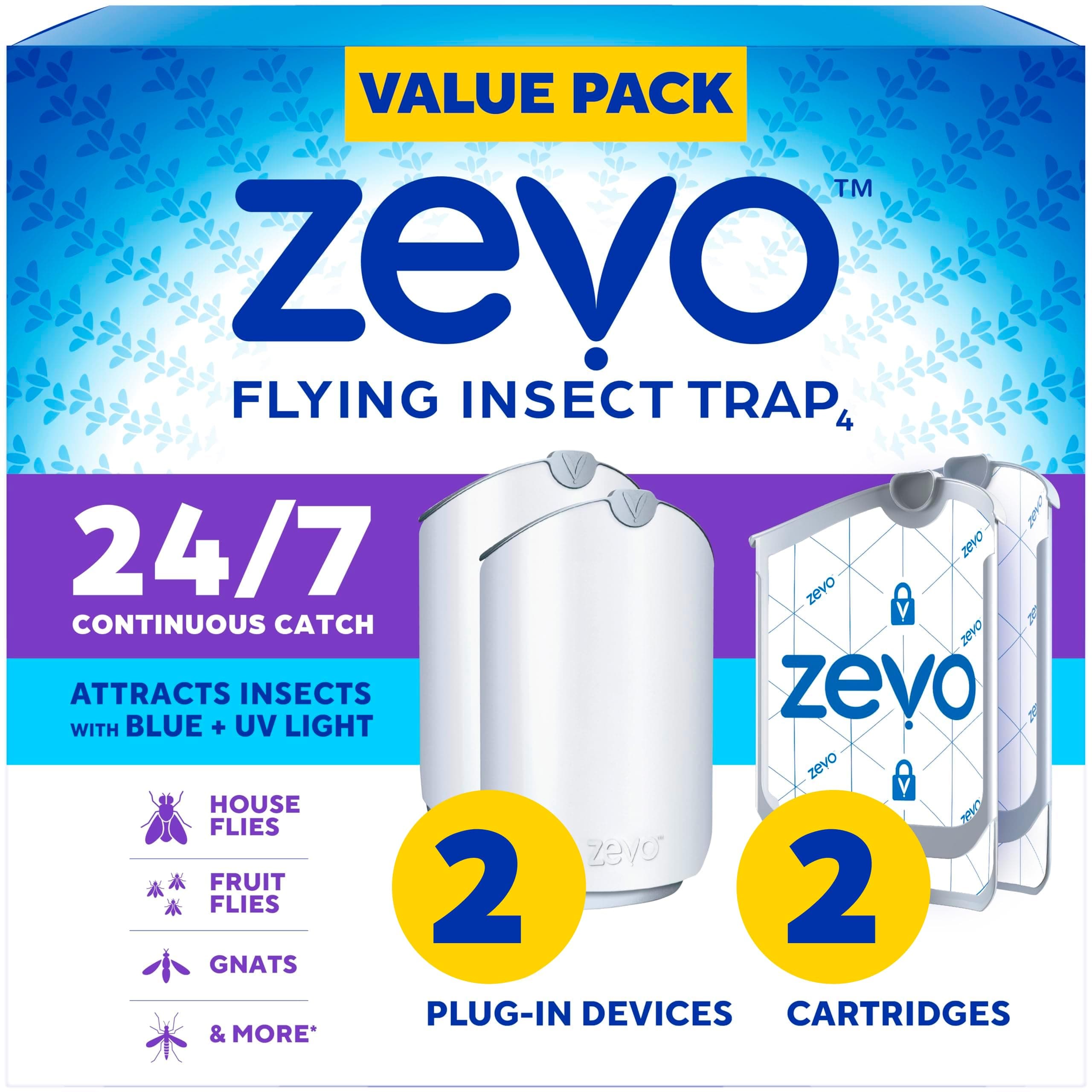 Zevo 2 Flying Insect Traps & 2 Refill Cartridges - Plug in Fly Trap & Indoor Bug Catcher for Gnats, House & Fruit Flies - Blue & UV Light Technology, Mess-Free Alternative to Bug Zapper 2 Devices & 2 Cartridges