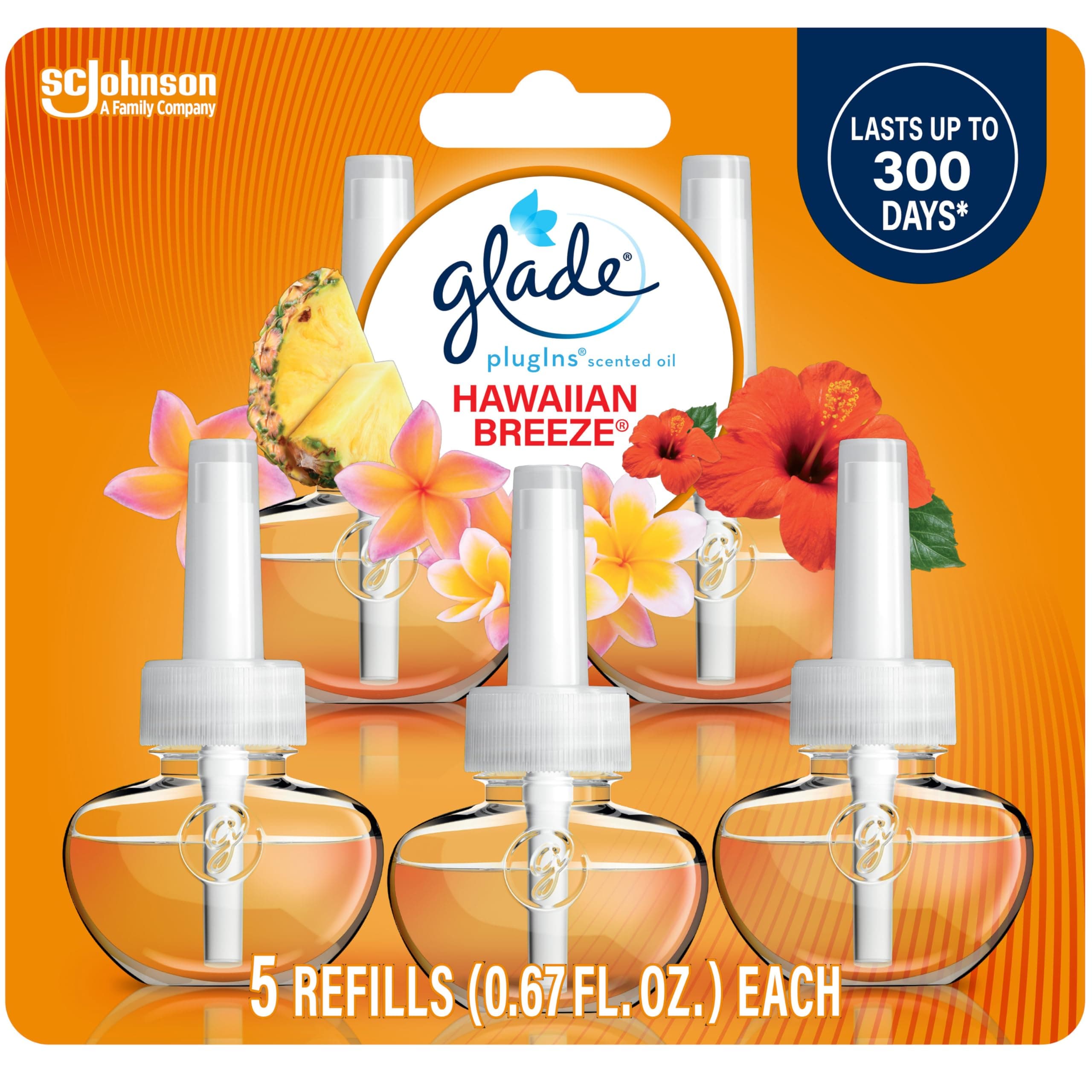 Glade PlugIns Refills Air Freshener, Scented and Essential Oils for Home and Bathroom, Hawaiian Breeze, 3.35 Fl Oz, 5 Count Hawaiian Breeze 3.35 Fl Oz (Pack of 1)