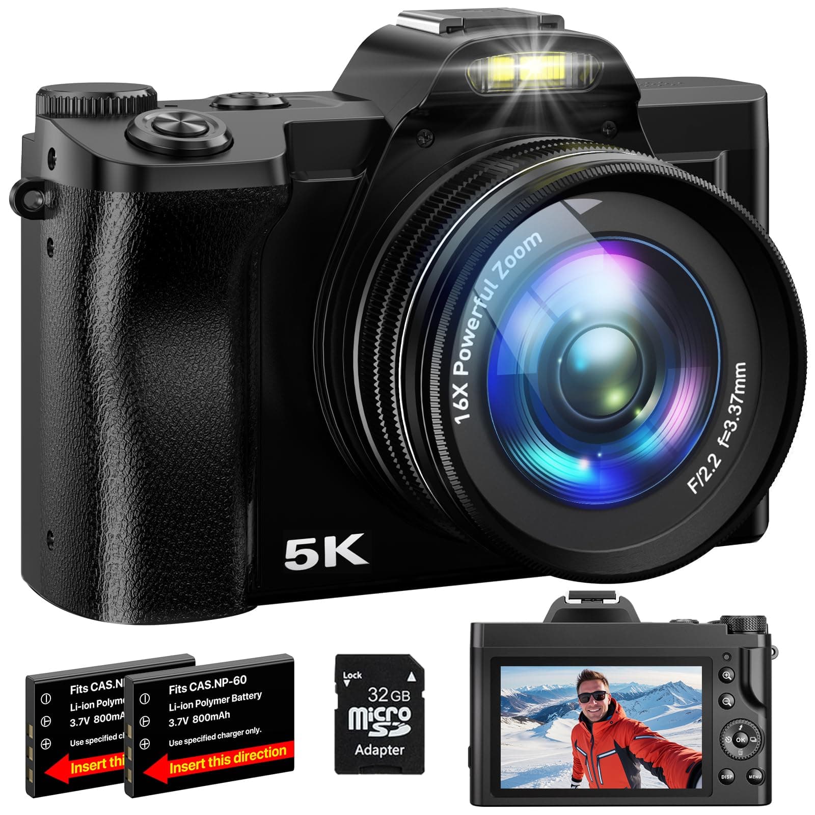 5K Digital Camera WiFi Autofocus Vlogging Camera for YouTube 48MP Camera for Photography and Video, 3.5" Screen Travel Cameras with UV Filter, Anti-Shake,16X Digital Zoom,32GB SD Card,2 Batteries