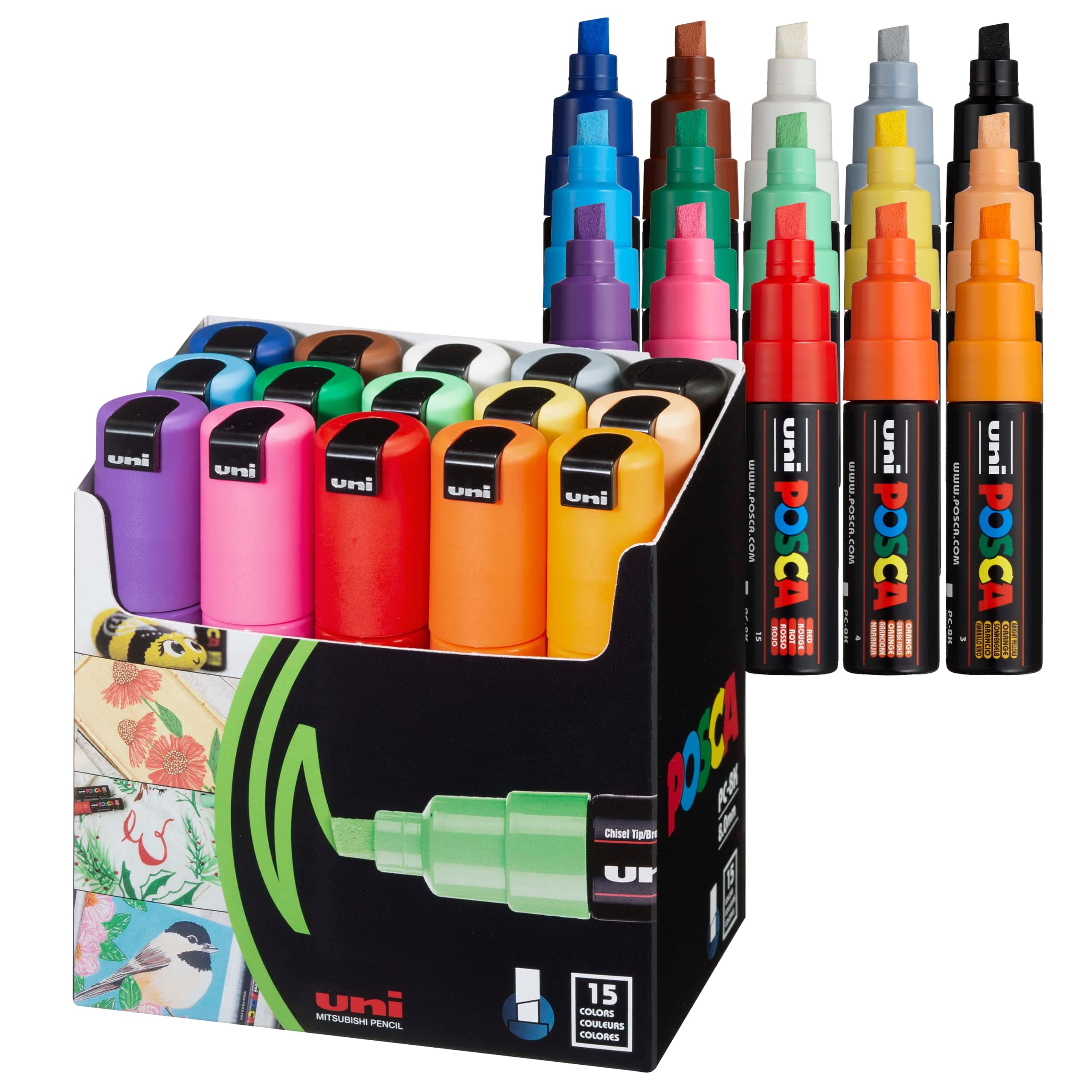 posca Paint Markers, 8K Broad Bold Chisel Tips, Acrylic Artist Recommended Pens for Coloring Gifts, Decorations, Fabric, Canvas, Glass, Wood or Metal, Set of 15 8K Tip 15.0