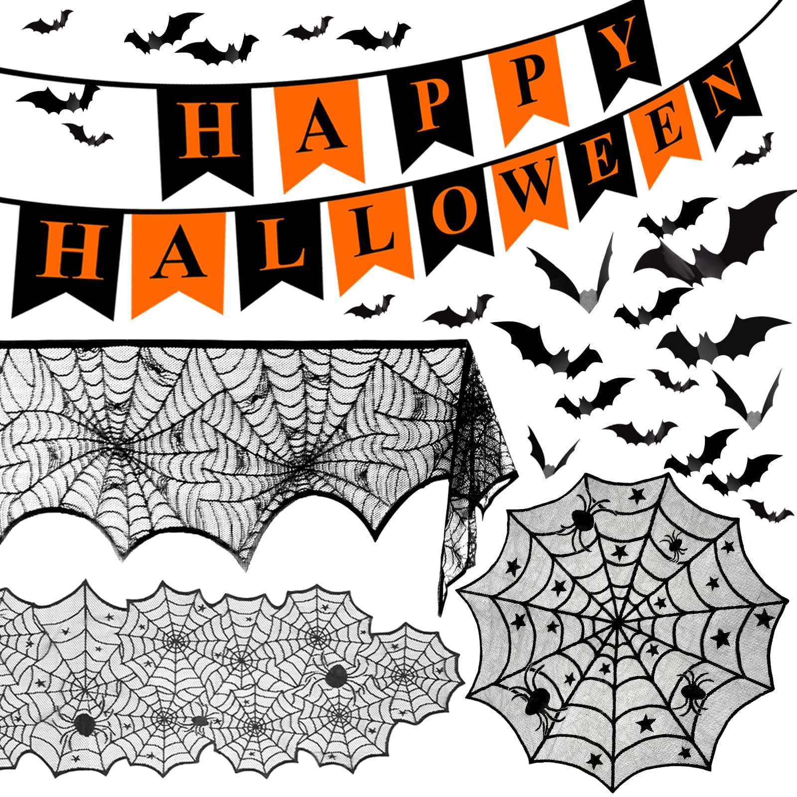 Picoway Halloween Decorations Indoor Set - Fireplace Mantel Scarf, Round Table Cover, Lace Runner, Banner, 60 pcs Scary 3D Bat (Black)