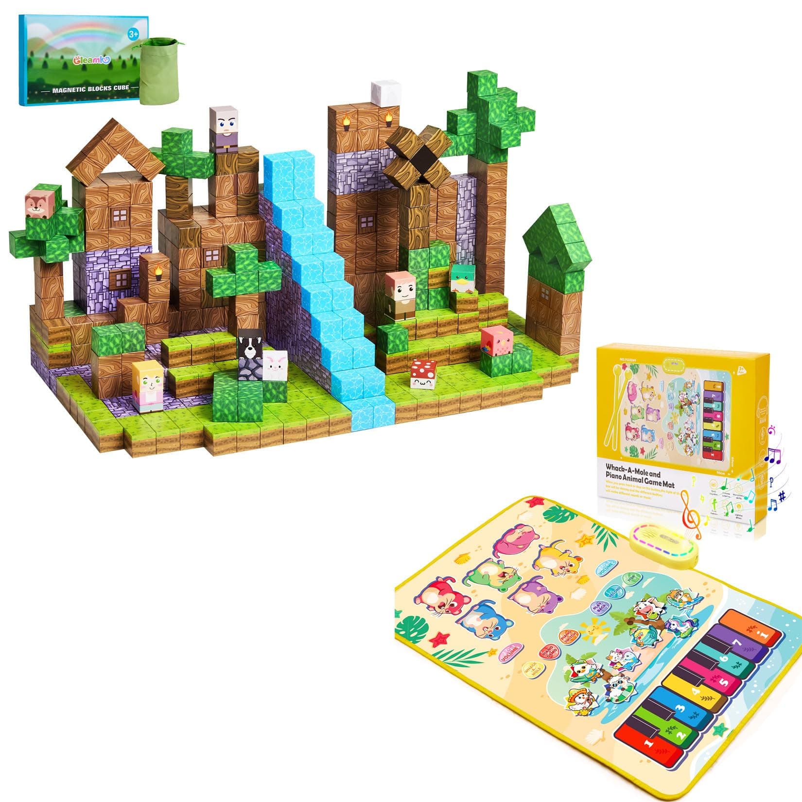 126PCS Magnetic Building Blocks & 3-in-1 Piano Mat for Toddlers