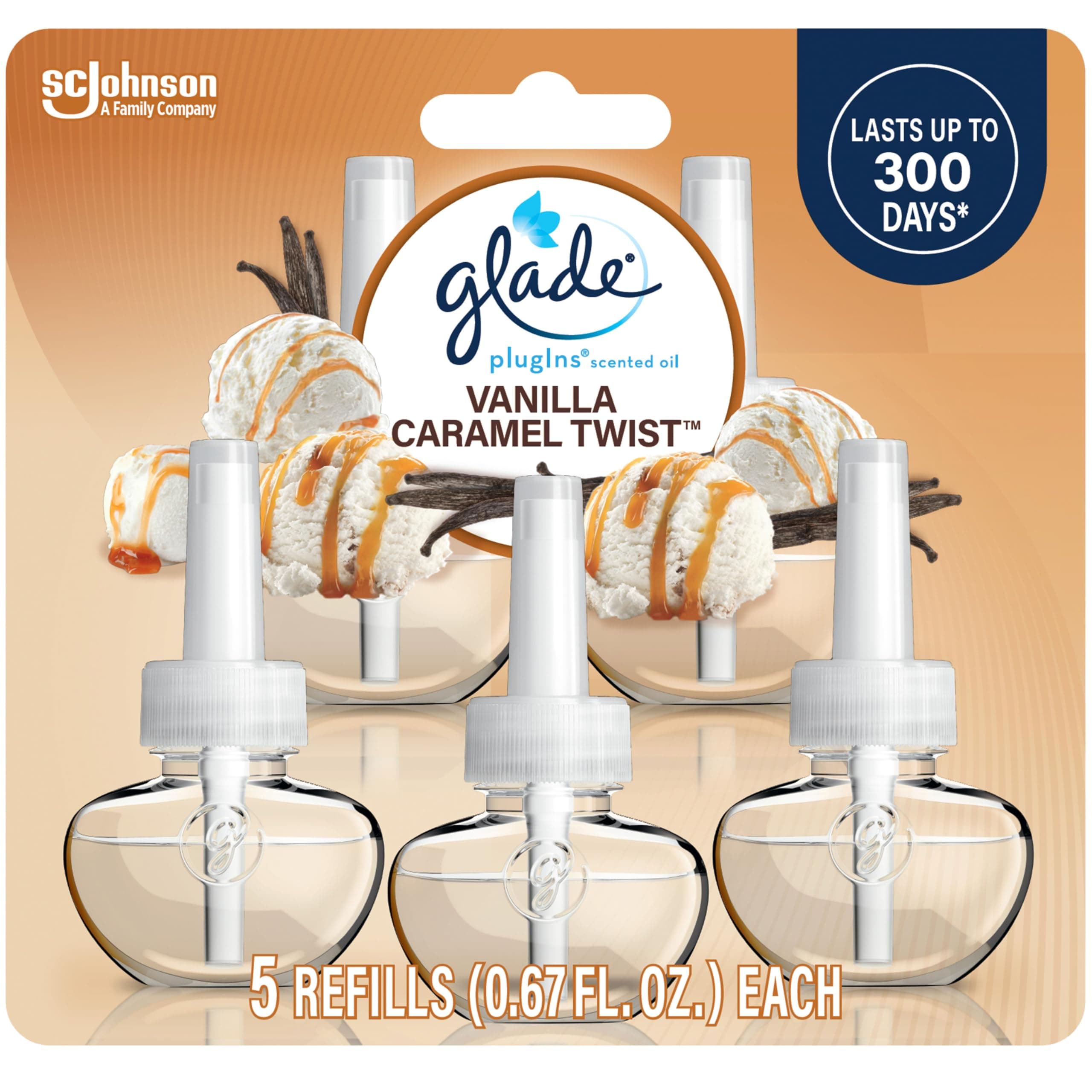 Glade PlugIns Refills Air Freshener, Scented and Essential Oils for Home and Bathroom, Vanilla Caramel Twist, 3.35 Fl Oz, 5 Count Vanilla Caramel Twist 3.35 Fl Oz (Pack of 1)
