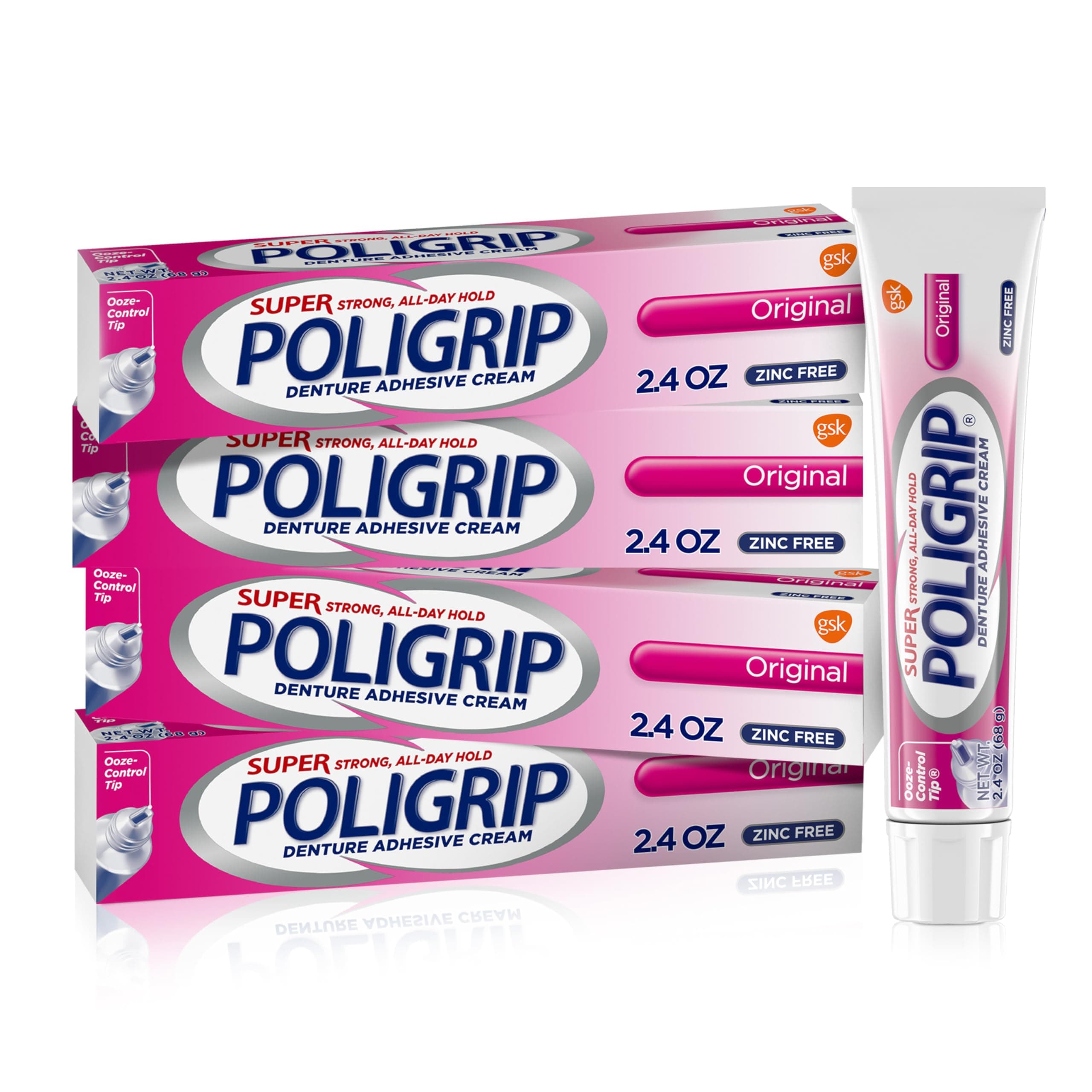 Super Poligrip Original Denture Adhesive Cream, Zinc Free Denture Cream for Dentures - 2.4 Ounces (Pack of 4) White 2.4 Ounce (Pack of 4)