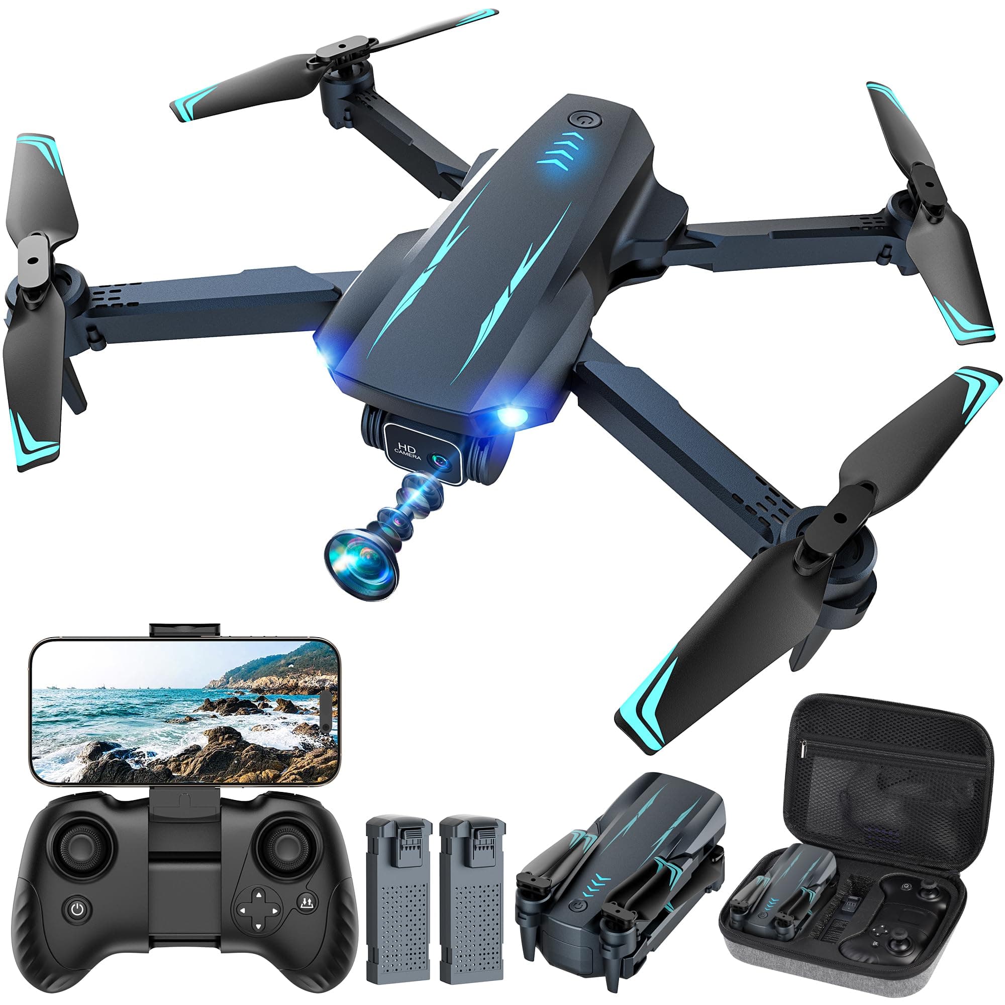 Helatt Drone with 1080P FPV Camera, Drone for Kids Adults with One Key Take Off/Land, Altitude Hold, 3D Flip, Waypoint Flight, Gestures Selfie, Gravity Control, 3 Speed, 2 Battery, Mini Drone with Camera for Kids 8-12 10-15, Beginners