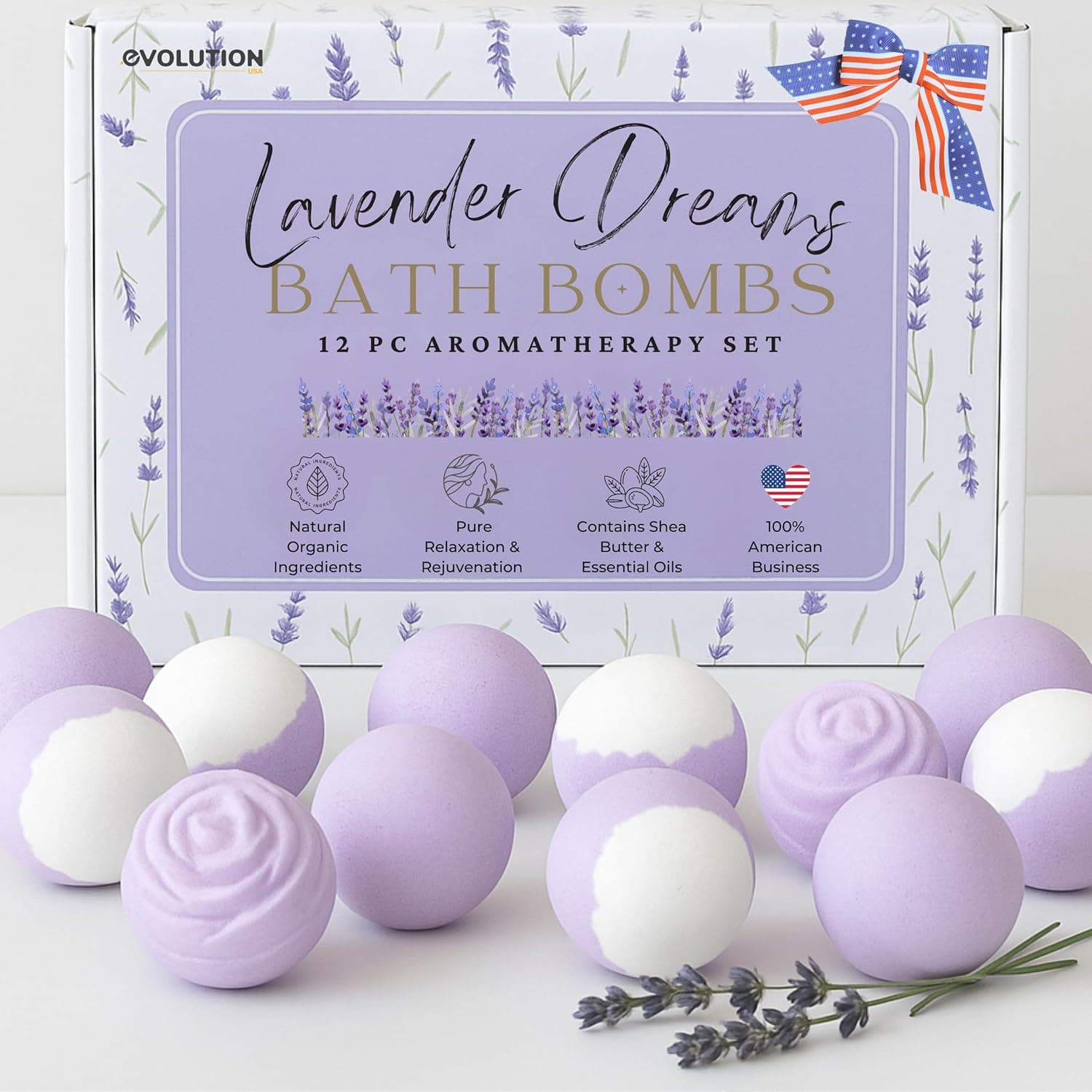 EvolutionUSA Lavender Dreams Bath Bombs for Women, 12 Organic Flower Bath Bombs, Soft Lavender Bath Bombs, Womens Bath Bombs Gift, Lush Bath Bombs for Girls, Relaxing Bathbombs, Bath Balls Lavender 12pc