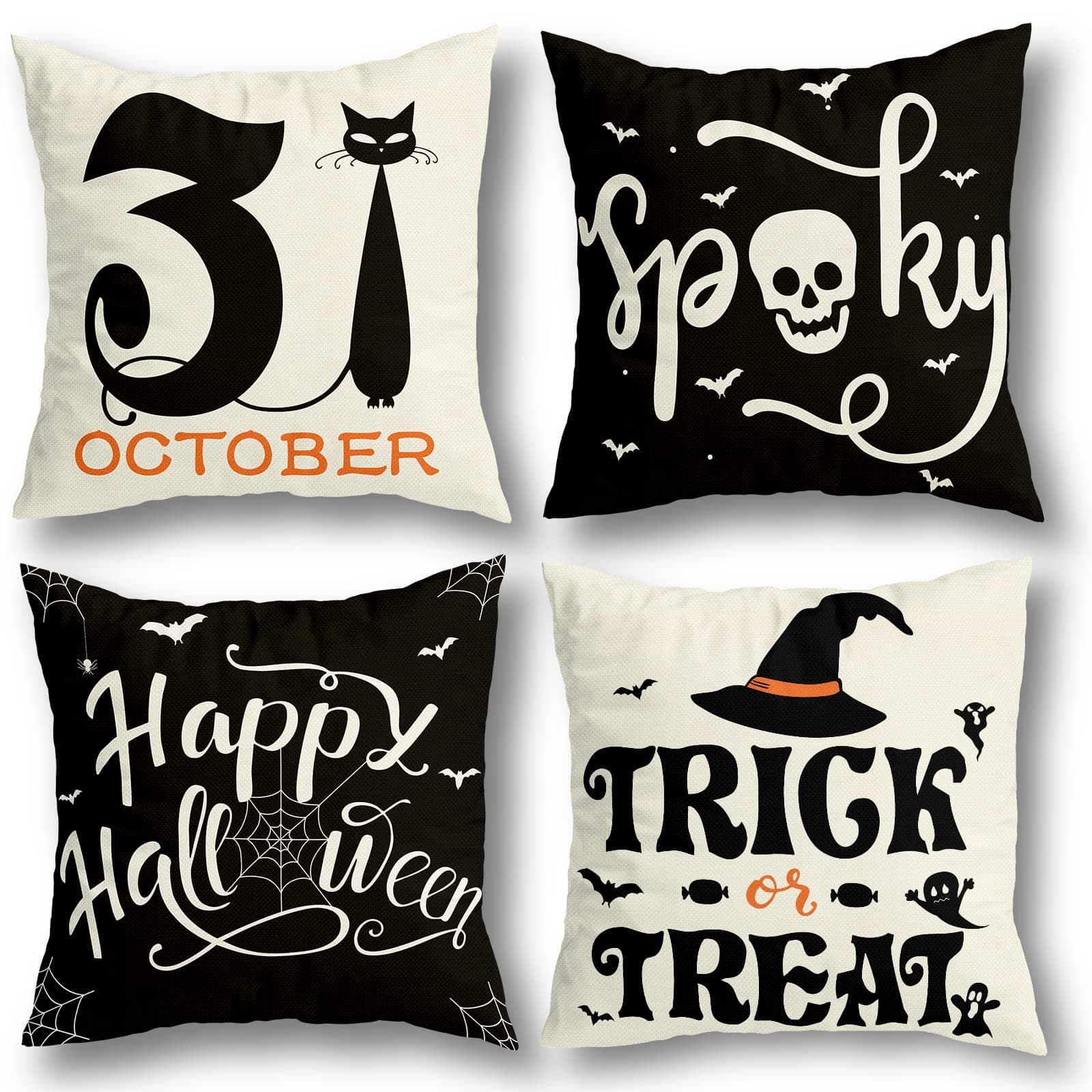 RioGree Halloween Decorations Pillow Covers 18x18 Set of 4 for Halloween Decor Indoor Outdoor, Party Supplies Farmhouse Home Decor Throw Pillows Cover Spider Web Cat Skull Decorative Cushion Case 18" x 18" (Pack of 4)