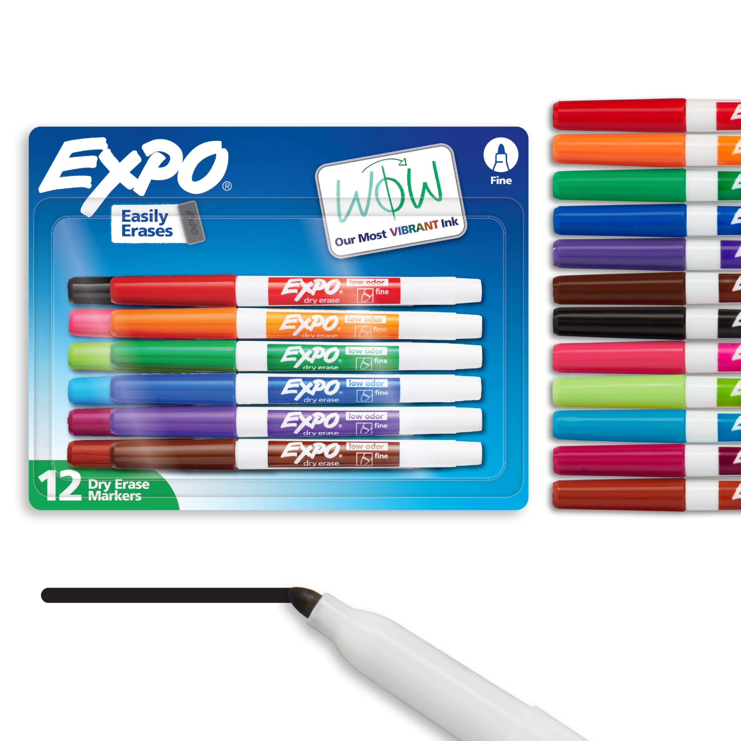 EXPO Dry Erase Markers, Low Odor Ink, Assorted Colors, Fine Tip, 12 Count - Whiteboard, Calendar, Organization, Essential Supplies for Office, School, Classroom, Teachers 12 Count Assorted