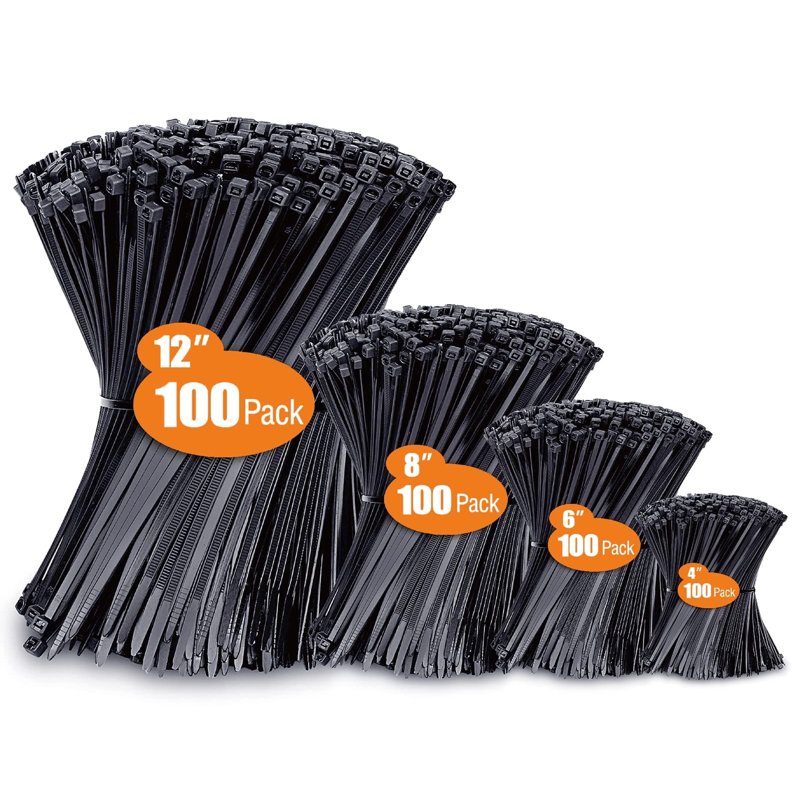 Zip Ties Assorted Sizes(4”+6”+8”+12”), 400 Pack, Black Cable Ties, UV Resistant Wire Ties by ANOSON 4+6+8+12 (400 Pack)