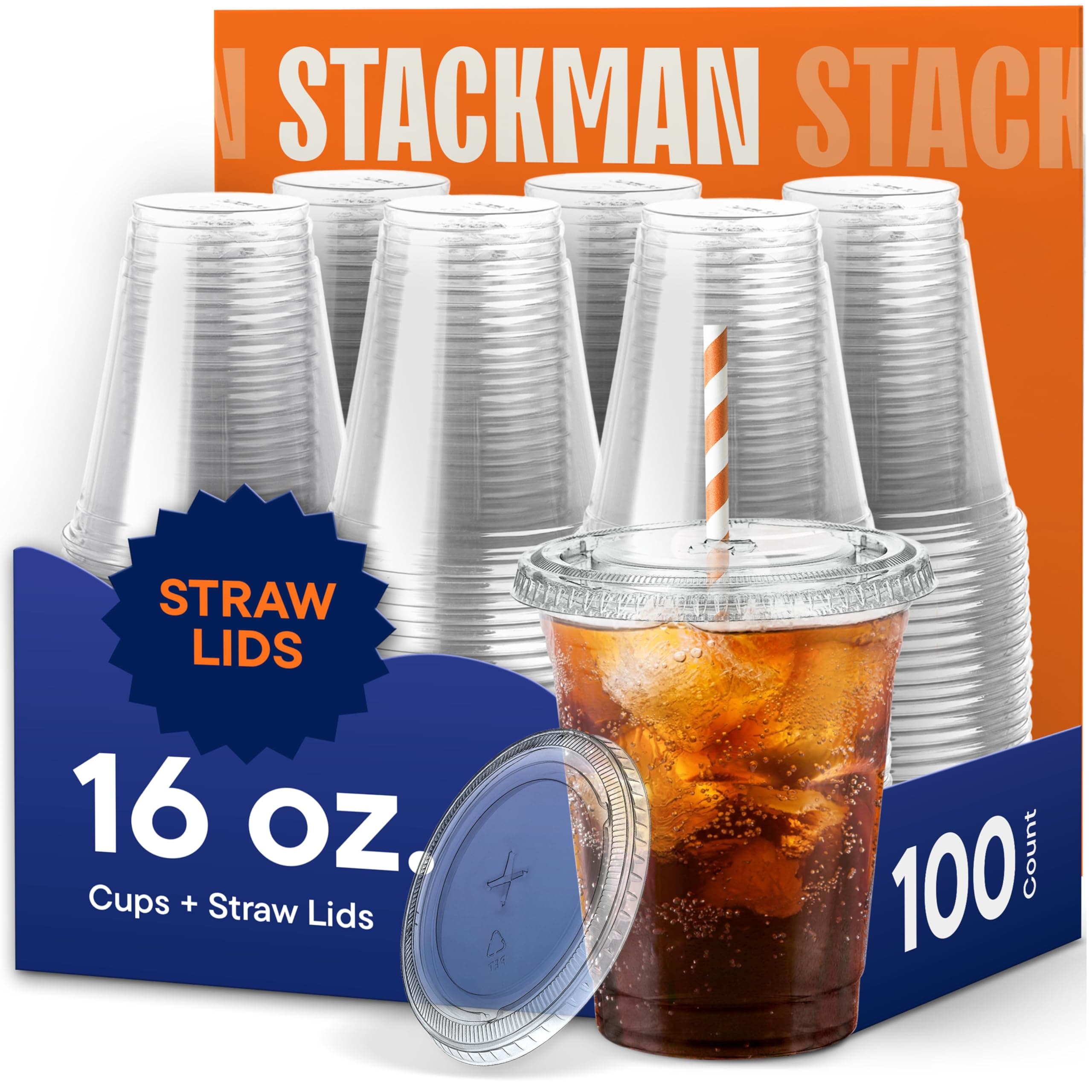 16 oz Clear Plastic Cups with Straw-Slot Lids [100 Sets] PET Crystal Clear Disposable Cups with Lids - Durable Cup. BPA Free + Crack Resistant, for Coffee, Juice, Shakes 16 Ounces