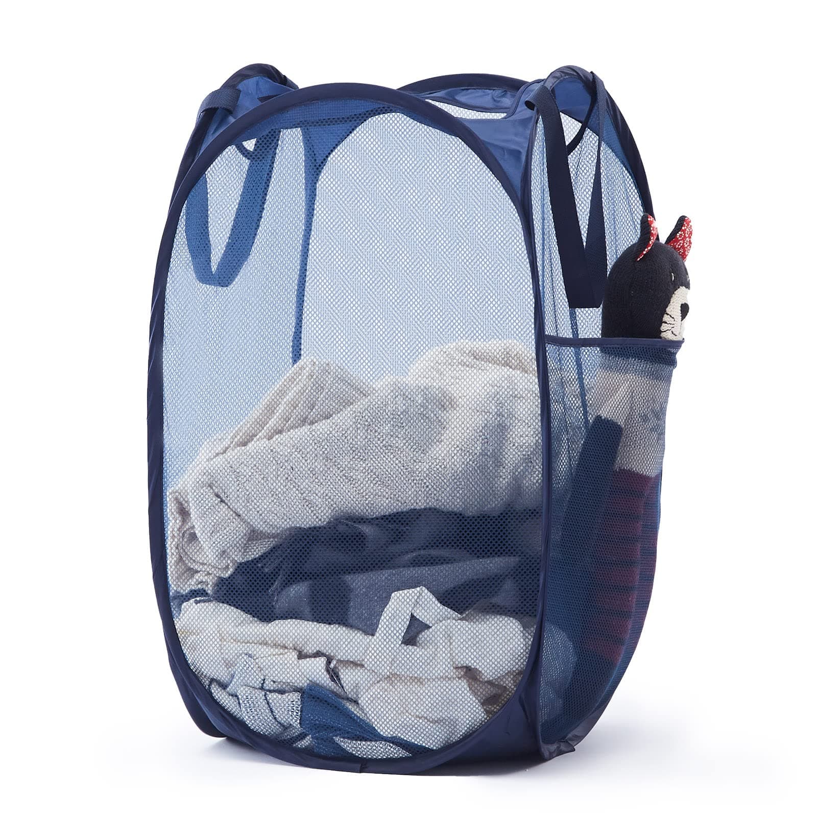 TECHMILLY Collapsible Pop Up Laundry Basket, Hamper with Sturdy Handles and Side Pocket - Mesh Portable Foldable Dirty Clothes Hamper for Dorm, Laundry Room, Bathroom and Travel Storage, Navy Blue 1 Pack Blue