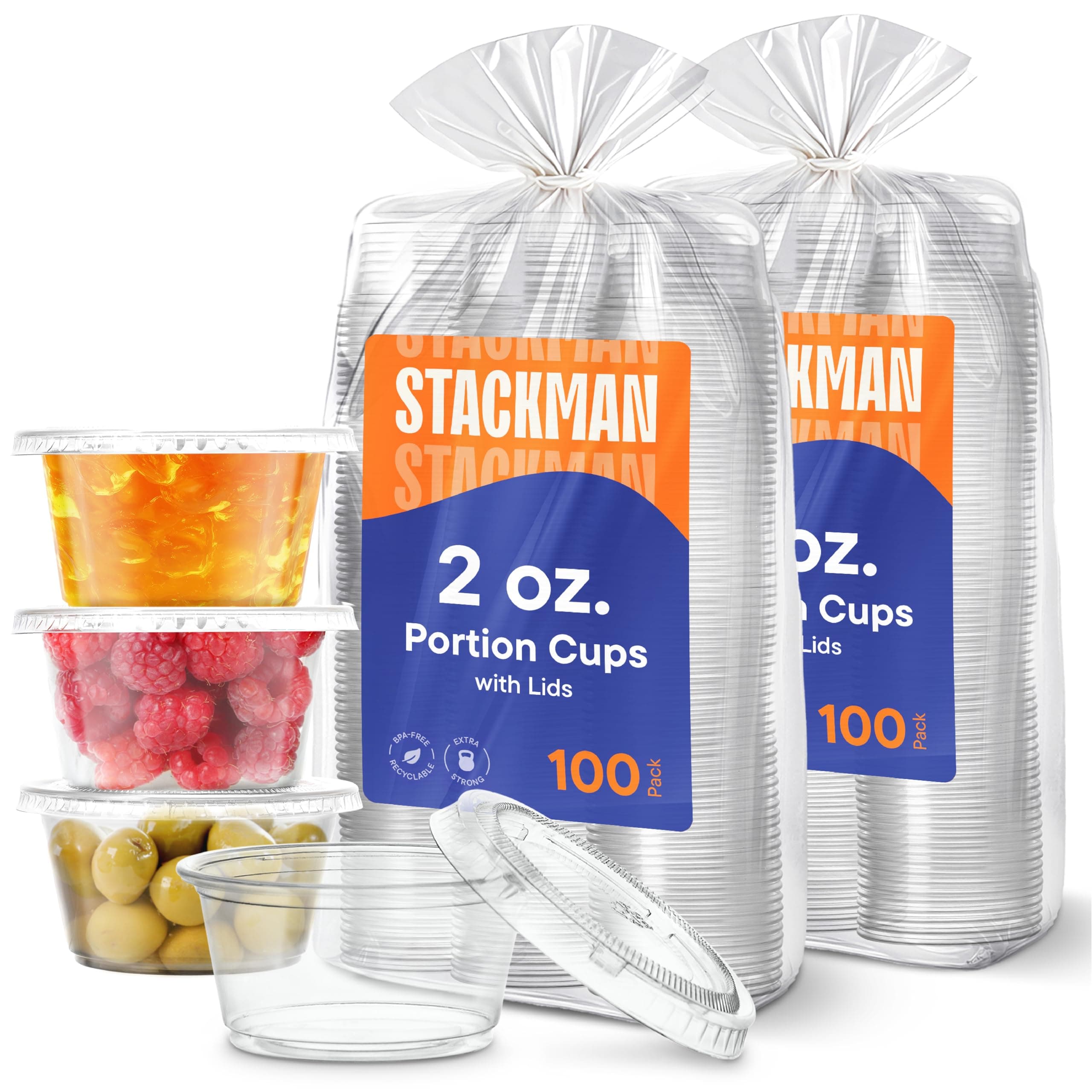 [200 Sets - 2 oz.] Small Plastic Containers with Lids, Jello Shot/ Condiment Cups, 2oz Dipping Sauce & Salad Dressing Container, Disposable Mini Portion Souffl, Ramekins, Pudding Cup 2 Ounce