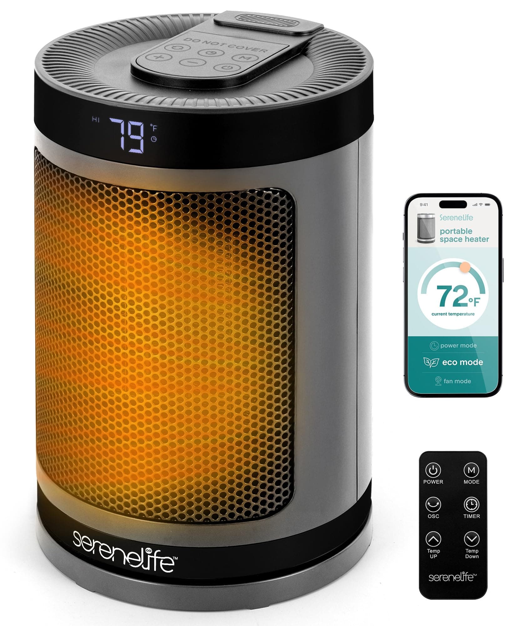 ‎SereneLife SereneLife Smart Space Heater – 1500W Indoor Electric Heater with Thermostat, Remote Control, 12-Hour Timer, Wi-Fi Enabled PTC Ceramic Heating for Home and Office, Gray (5.9" x 5.9" x 9.5") Gray + WiFi