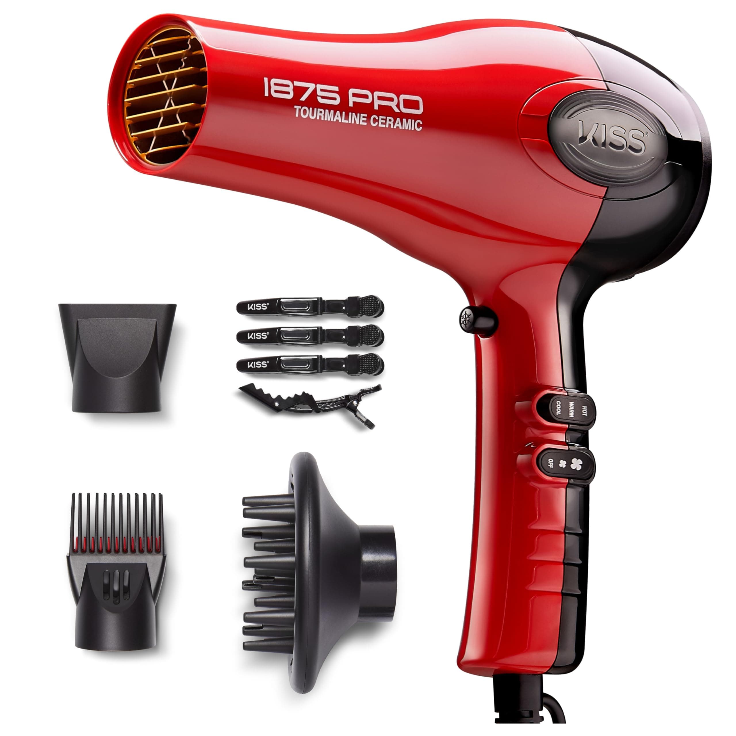 KISS 1875 Watt Pro Tourmaline Ceramic Hair Dryer, Styling Edition, 3 Heat Settings, 2 Speed Settings, Cool Shot Button, 7 Blow Dryer Accessories Included, 2-Year Warranty - Red 8 Piece Set 7 Accessories