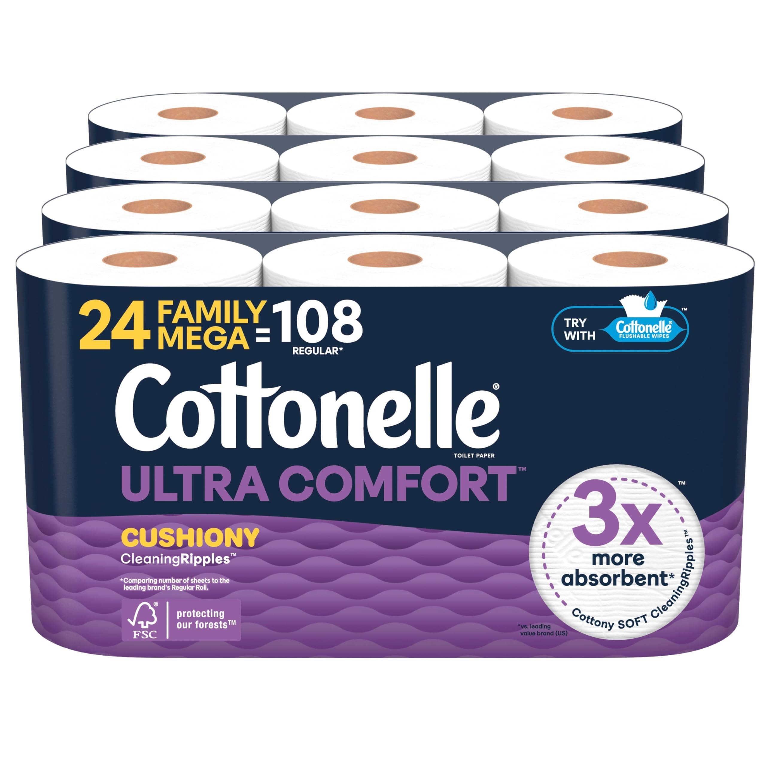 Cottonelle Ultra Comfort Toilet Paper with Cushiony CleaningRipples Texture, Strong Bath Tissue, 24 Family Mega Rolls = 108 Regular Rolls (4 Packs of 6) Family Mega 296 sheet (Pack of 24)