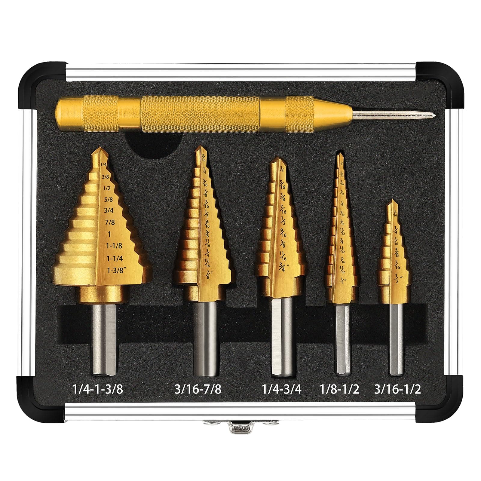 COMOWARE Step Drill Bit Set 5-Piece Titanium-Coated with Automatic Center Punch - Short Length, Double Cutting Blades, High-Speed Steel - Covering 50 Sizes, Complete with Aluminum Case