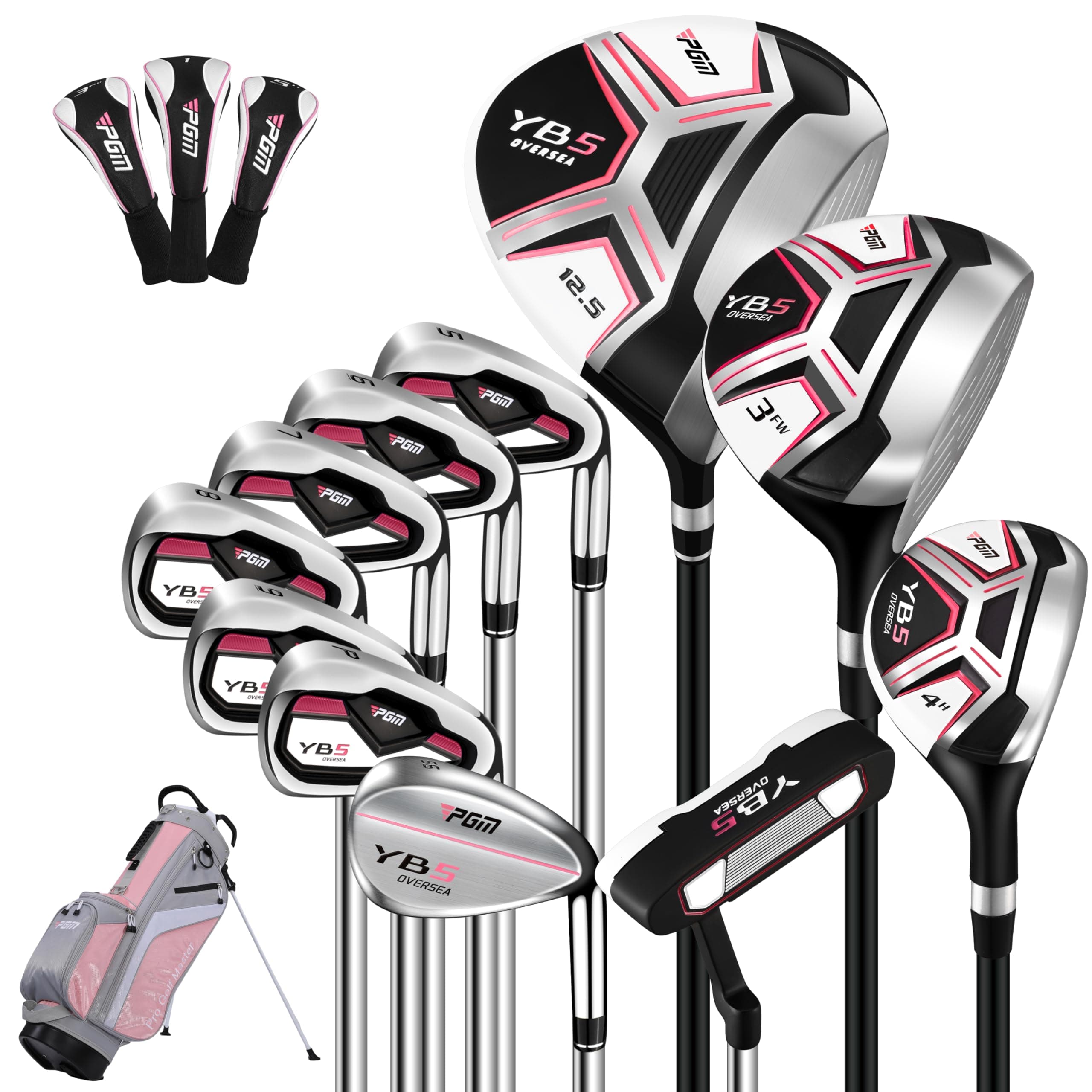 PGM 15 Pieces Women's Complete Golf Club Set – Full Set with 460cc Driver, Fairway Wood, Hybrid, Irons, Putter, Golf Stand Bag - Golf Clubs Women Right Handed Steel