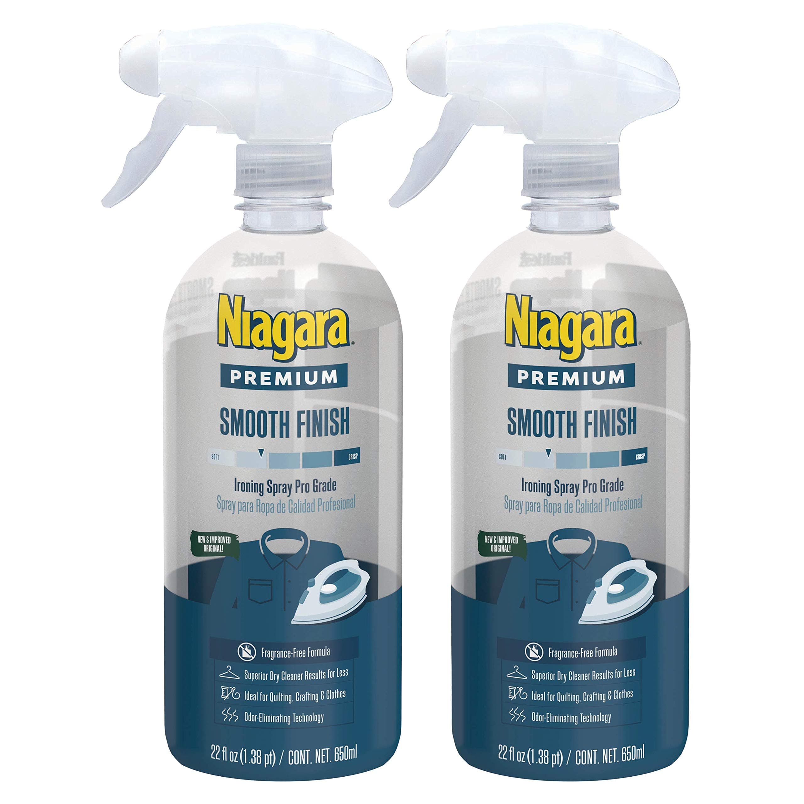 NIAGARA Spray Starch (22 Oz, 2 Pack) Trigger Pump Liquid Starch for Ironing, Non-Aerosol Spray on Starch, Reduces Ironing Time, No Flaking, Sticking or Clogging, Biodegradable Ingredients, Recyclable Original Hold 2 Pack