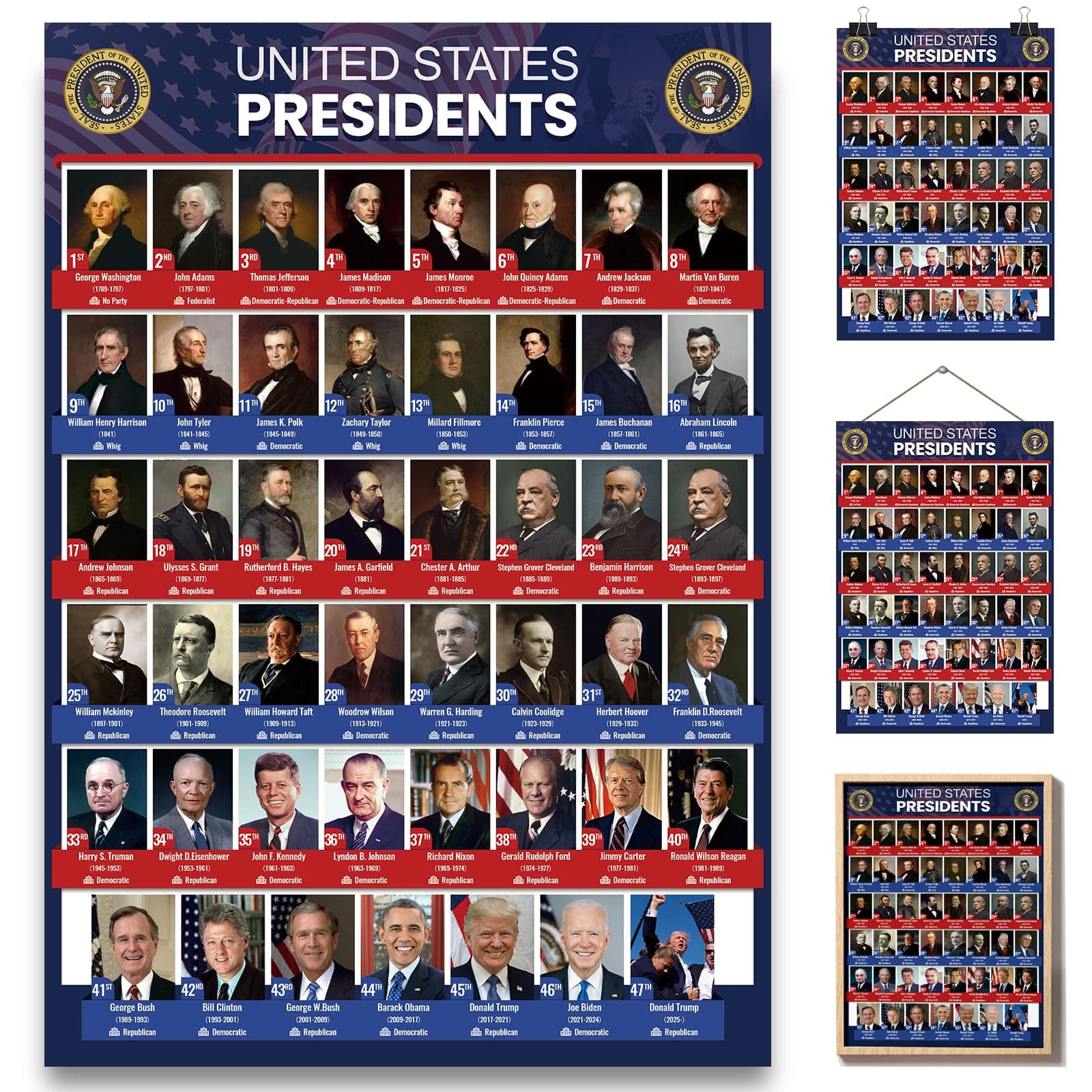 Presidents Day Art Sale, New 2025 USA President Poster for School Wall Classroom Decor, United States History Art 18" x 12"