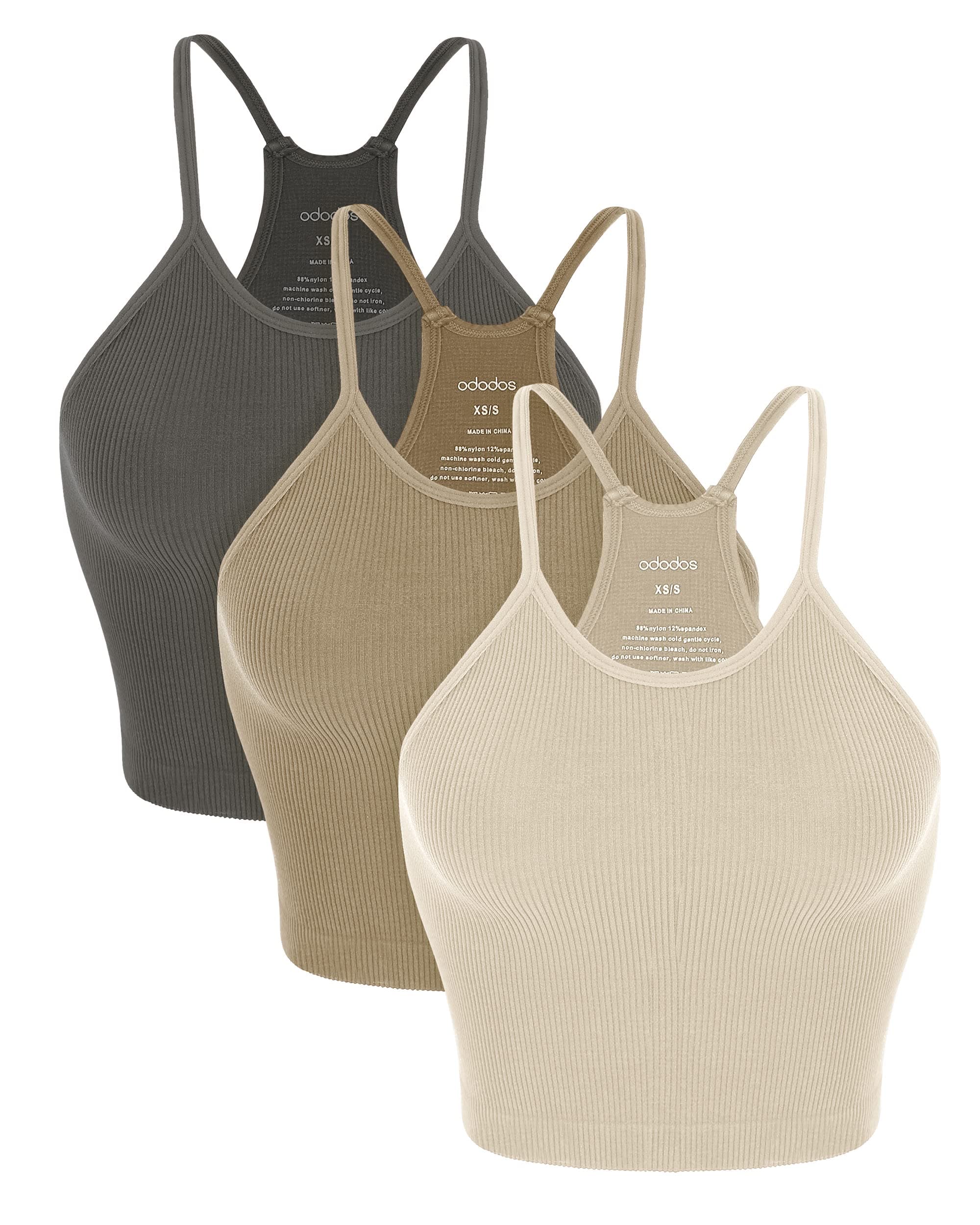 ODODOS Women's Crop 3-Pack Seamless Rib-Knit Camisole Crop Tank Tops Long Crop Length Medium-Large 1mushroom+taupe+charcoal