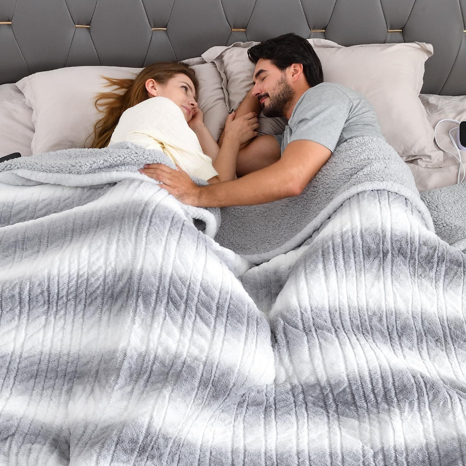 Bearhug Electric Blanket King Size 100" x 90" Dual Controllers Heated Blanket, 10 Heat Settings, 1-12 Hour Auto Shut-Off, Faux Fur & Sherpa Dual-Sided, Machine Washable, Gift-Ready Elegant Packaging Silver Shade Gradient Stripe King Size 100" × 90"