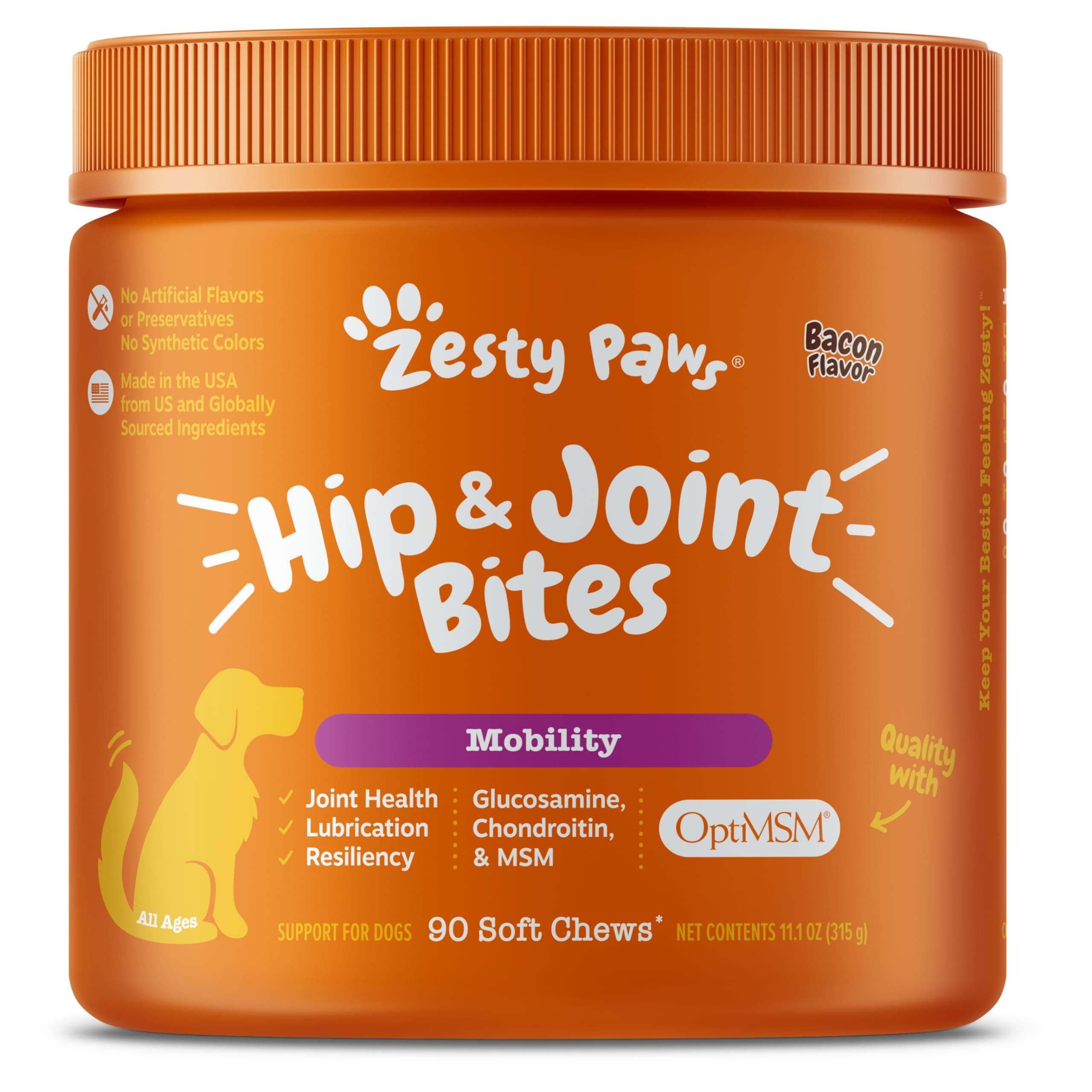 Zesty Paws Hip and Joint for Dogs, Glucosamine for Dogs Hip and Joint Supplement with Chondroitin, MSM, Vitamins C & E - Bacon, 90 Count Bacon 90 Count (Pack of 1)