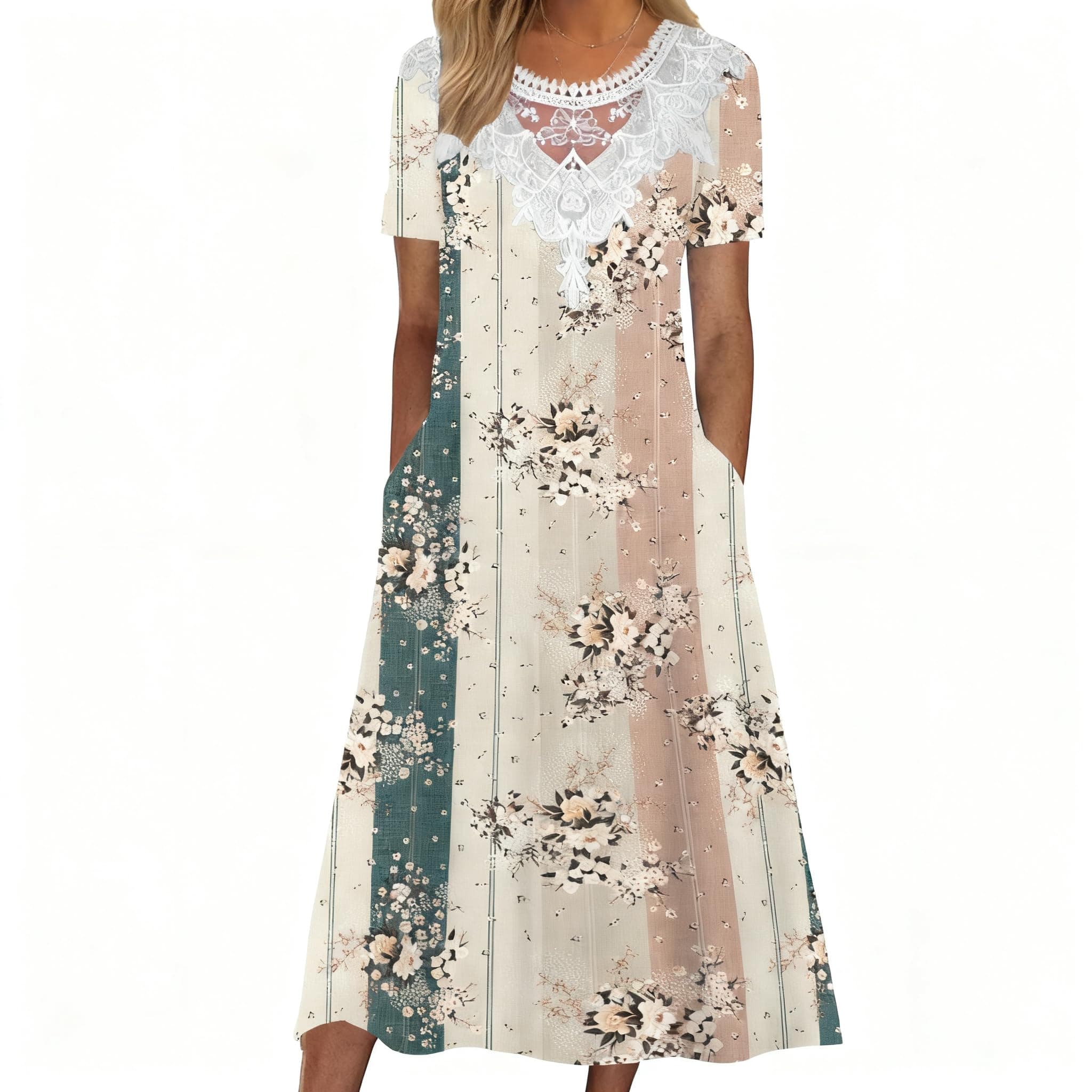 Mathea Plus-Size Women's Retro Patchwork Print Maxi Dress, Featuring a Delicate lace Neckline and Side Pockets. XX-Large Plus