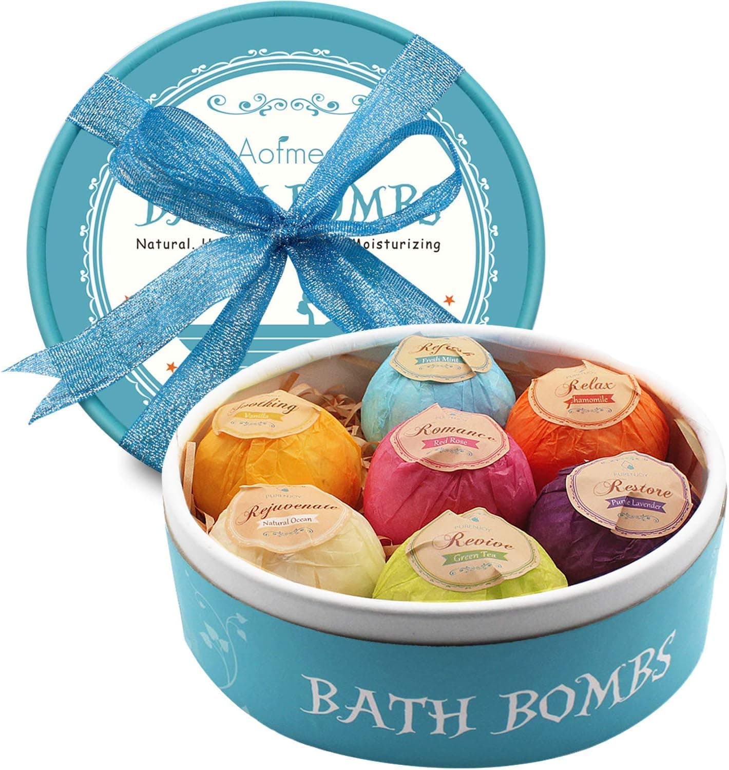 Aofmee Bath Bombs, 7pcs Bubble Bath Bombs for Women, Natural Handmade Fizzies Gift Set, Spa Organic Bathbombs for Kids, Essential Oil Personal Care Bath Gift for Birthday Mothers Day Christmas 1 Set