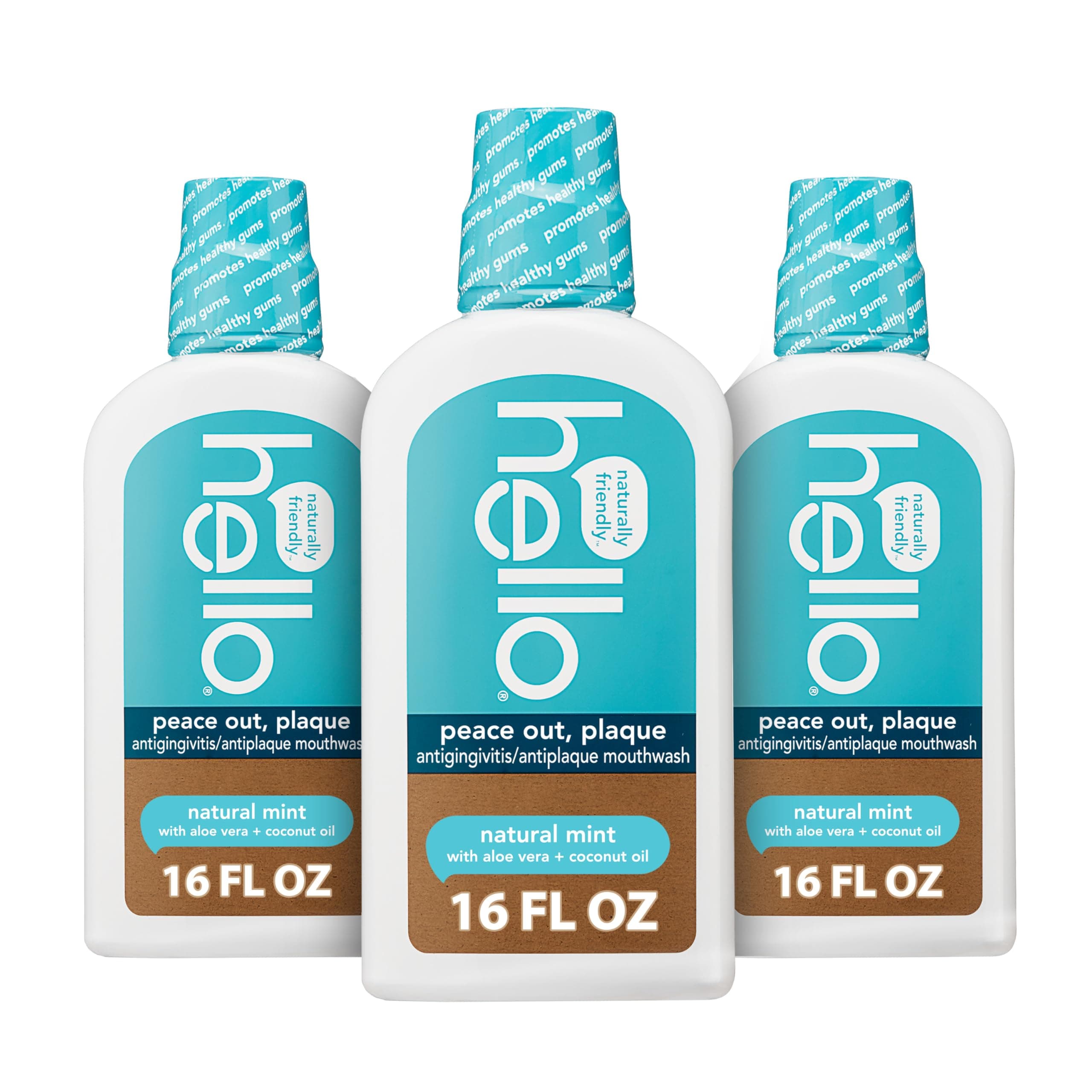 Hello Peace Out Plaque, Antigingivitis Alcohol Free Mouthwash, Natural Mint with Aloe Vera and Coconut Oil, Fluoride Free, Vegan, SLS Free and Gluten Free, 16 Ounce (Pack of 3) Natural Mint 16 Fl Oz (Pack of 3)