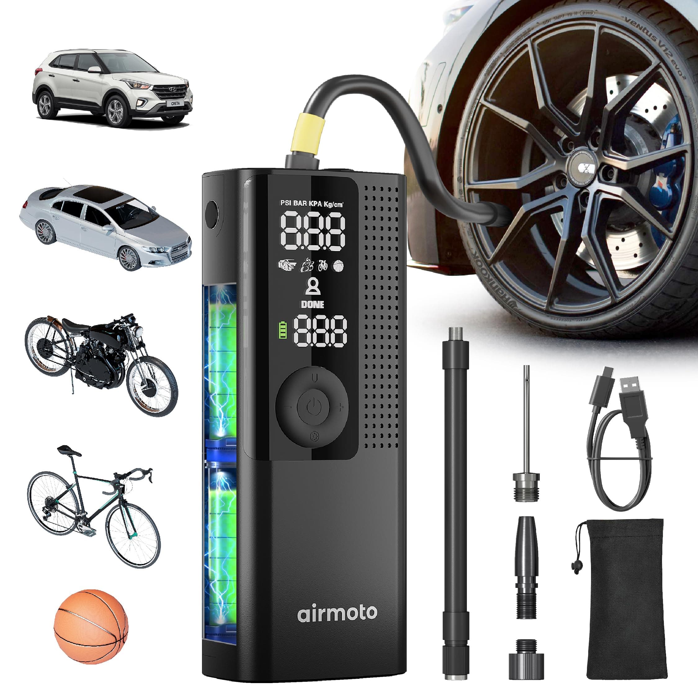Airmoto Tire Inflator Portable Air Compressor - Air Pump For Car Tires with Digital Pressure Gauge, LED Light and Auto Shut-Off Function - Cordless Pump for Car, Motorcycle, Bicycle, Balls and More 1-Pack