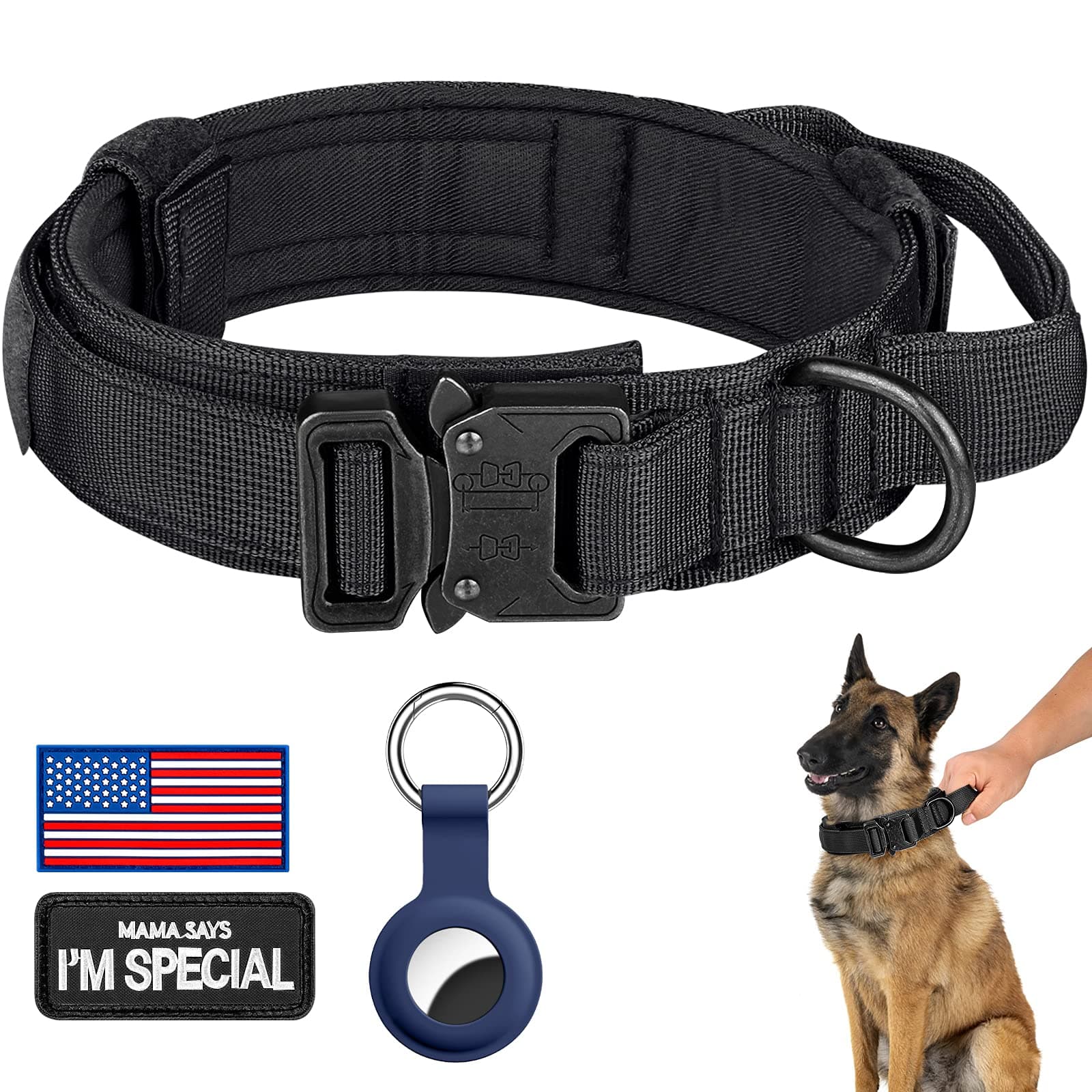 DAGANXI Tactical Dog Collar, Adjustable Military Training Nylon Dog Collar with Control Handle and Heavy Metal Buckle for Medium and Large Dogs, with Patches and Airtags Case (L, Black) Black L