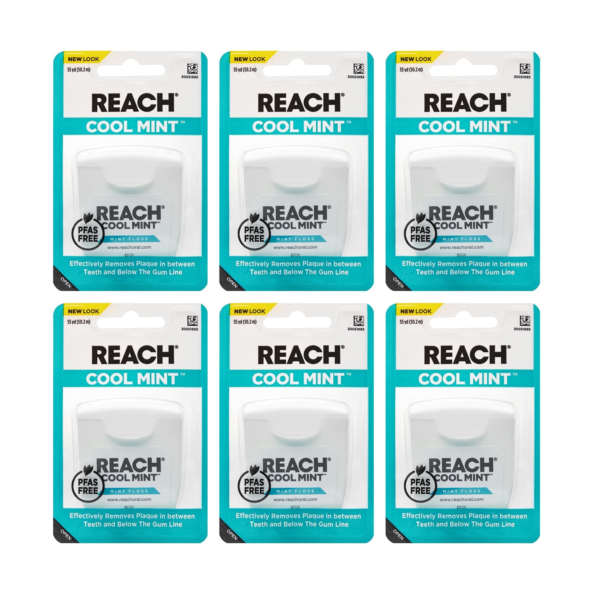 REACH Cool Mint Dental Floss, Fresh Mint, Plaque Remover for Teeth, Shred Resistant, Waxed, Easy on Gums & Teeth, Fresh Breath, Oral Care, PFAS Free, for Adults & Kids, 6 Pack, 55 yd 165 Foot (Pack of 6)