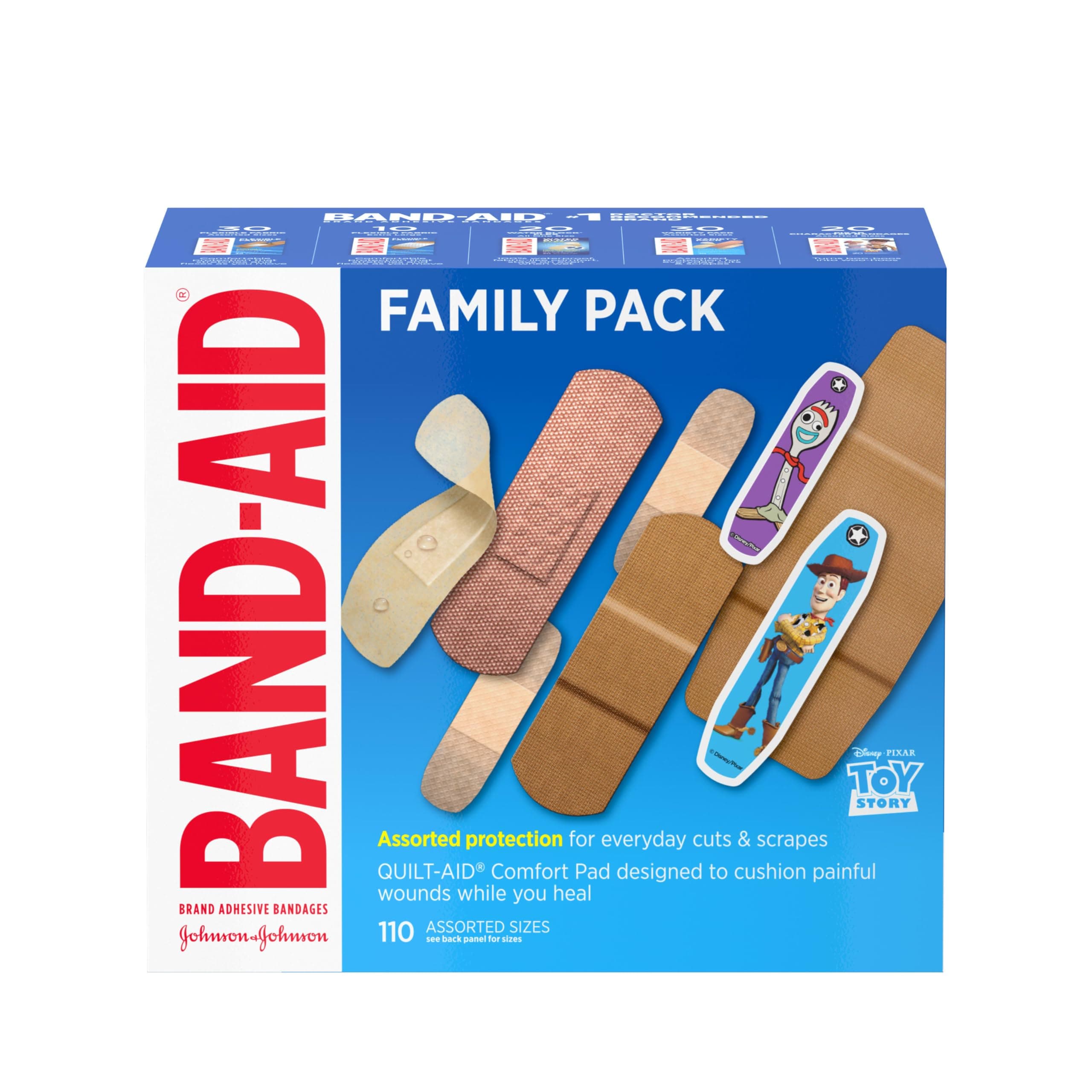 Band-Aid Brand Adhesive Bandage Family Variety Pack in Assorted Sizes Featuring Water Block Flex, Flexible Fabric, Skin-Flex, Tough Strips & Pixar Character Bandages, 110 ct