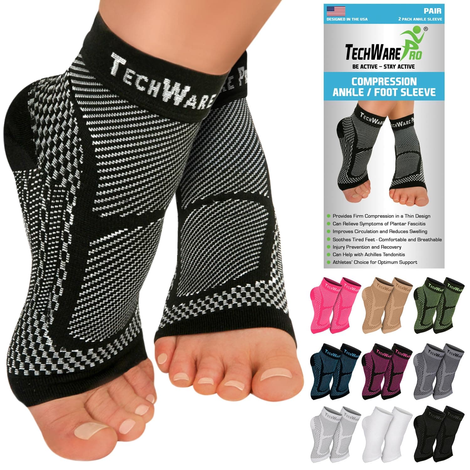 TechWare Pro Ankle Brace Compression Sleeve - Plantar Fasciitis Sock. Relieves Achilles Tendonitis. Foot Arch Support Reduces Joint Pain, Swelling & Heel Spur Pain. Injury Recovery Braces for Sports Black/Gray L / XL (see size chart)