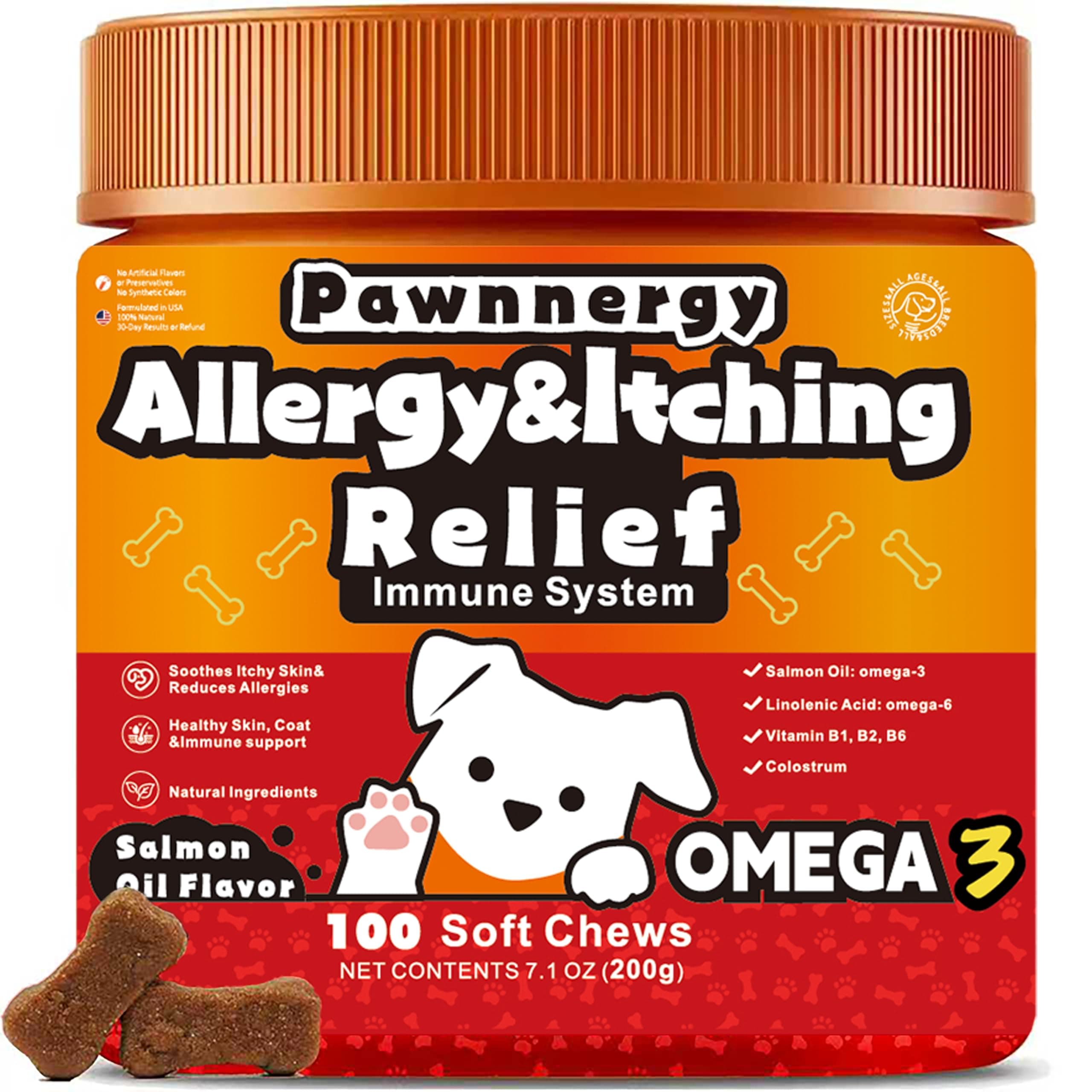 Dog Allergy & Itch Relief Supplement - Salmon Oil Omega-3, Omega-6, Vitamin B1/B2/B6, Colostrum Probiotics for Seasonal Allergy, Hot Spots, Paw Licking, Scratching, 200 Soft Chews