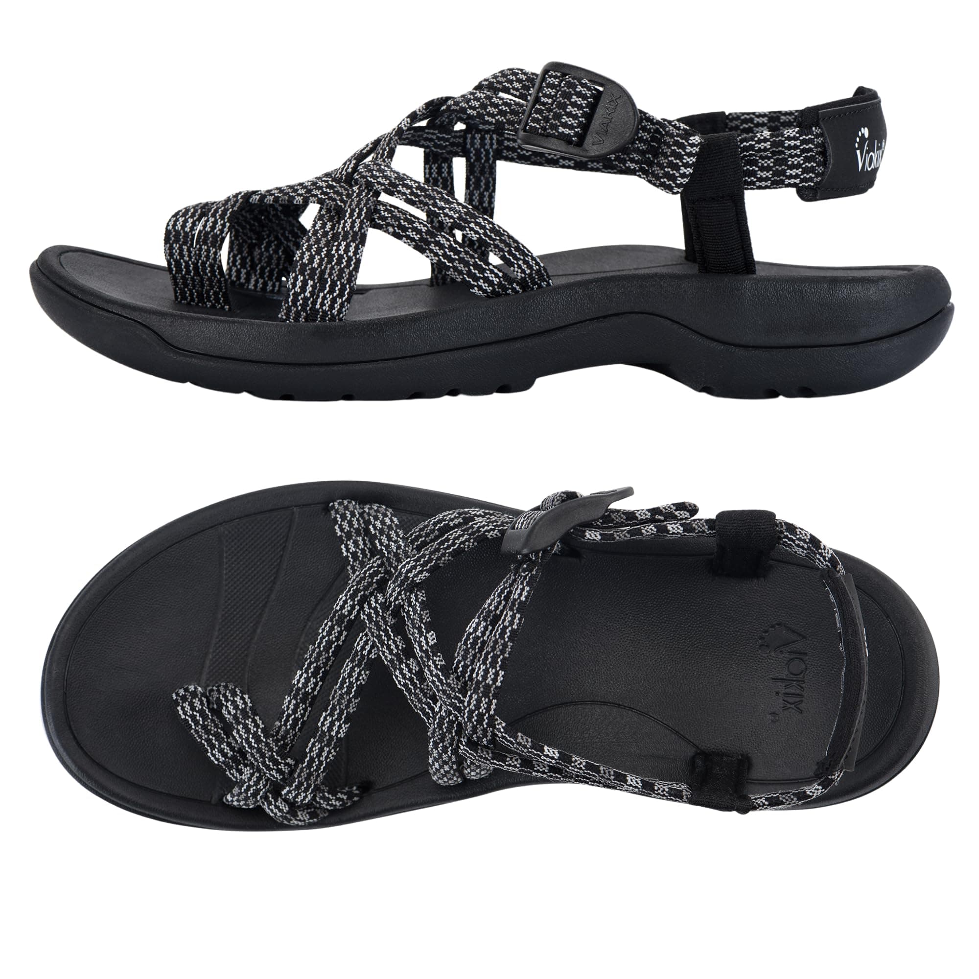 Viakix Womens Walking Sandals: Cute Stylish Comfy Athletic Sport Outdoor Hiking Sandal for Trekking Water Outdoor Beach With Arch Support for Womens Ladies 9 Black/Grey