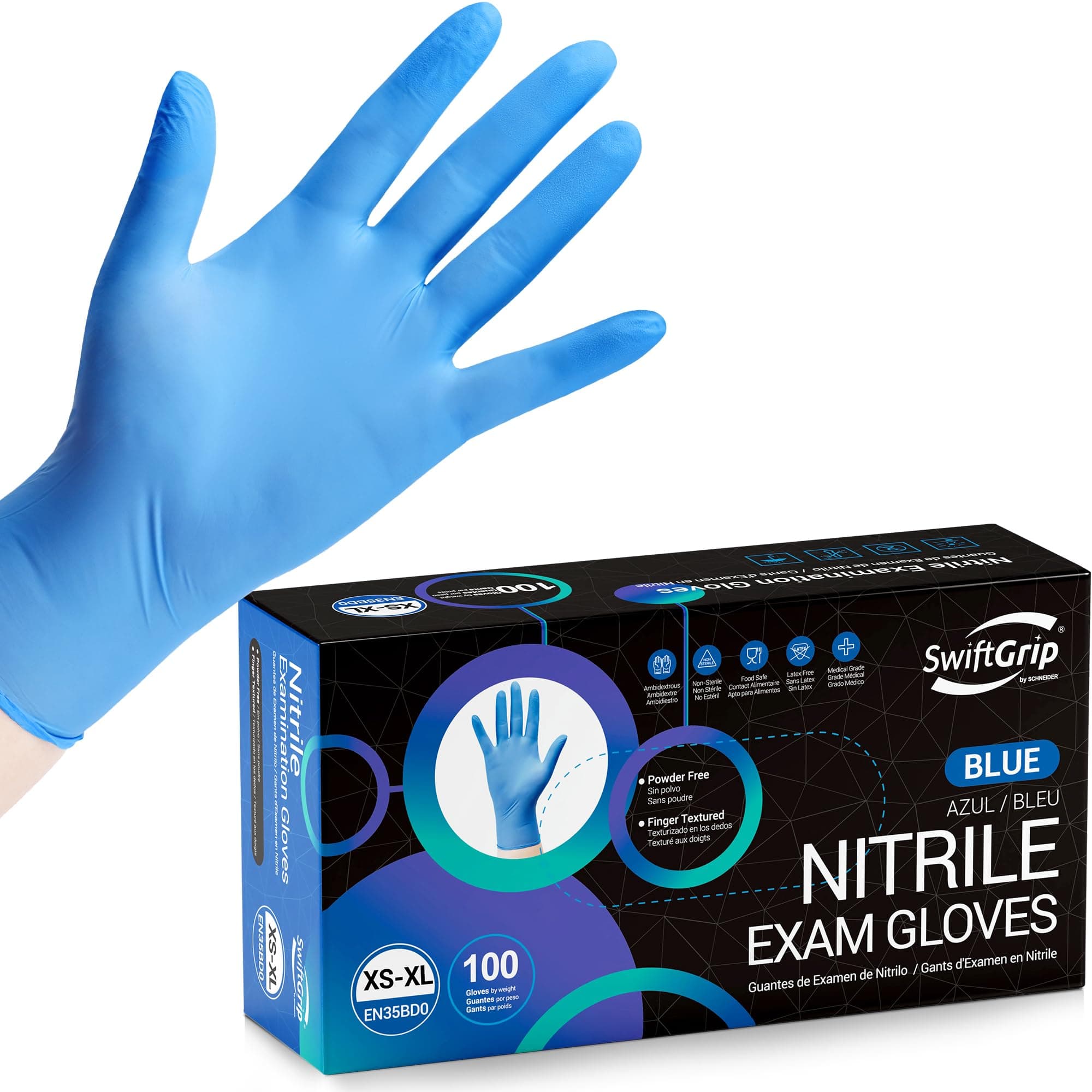 Disposable Nitrile Exam Gloves, Blue, Nitrile Gloves Disposable Latex Free, Medical Gloves, Cleaning Gloves, Food-Safe Rubber Gloves, Powder Free, Non-Sterile, 100-ct Box (Large) 100 Large