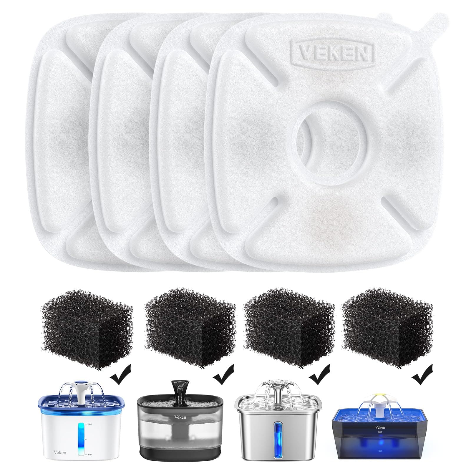 Veken Cat Water Fountain Filter, Classic 4 Pack Replacement Filters & 4 Pack Replacement Pre-Filter Sponges for 50oz, 84oz, 95oz or 108oz Automatic Pet Fountain Dog Water Dispenser 4 Filters+4 Sponges (1 month supply) 4-Stage Filtration