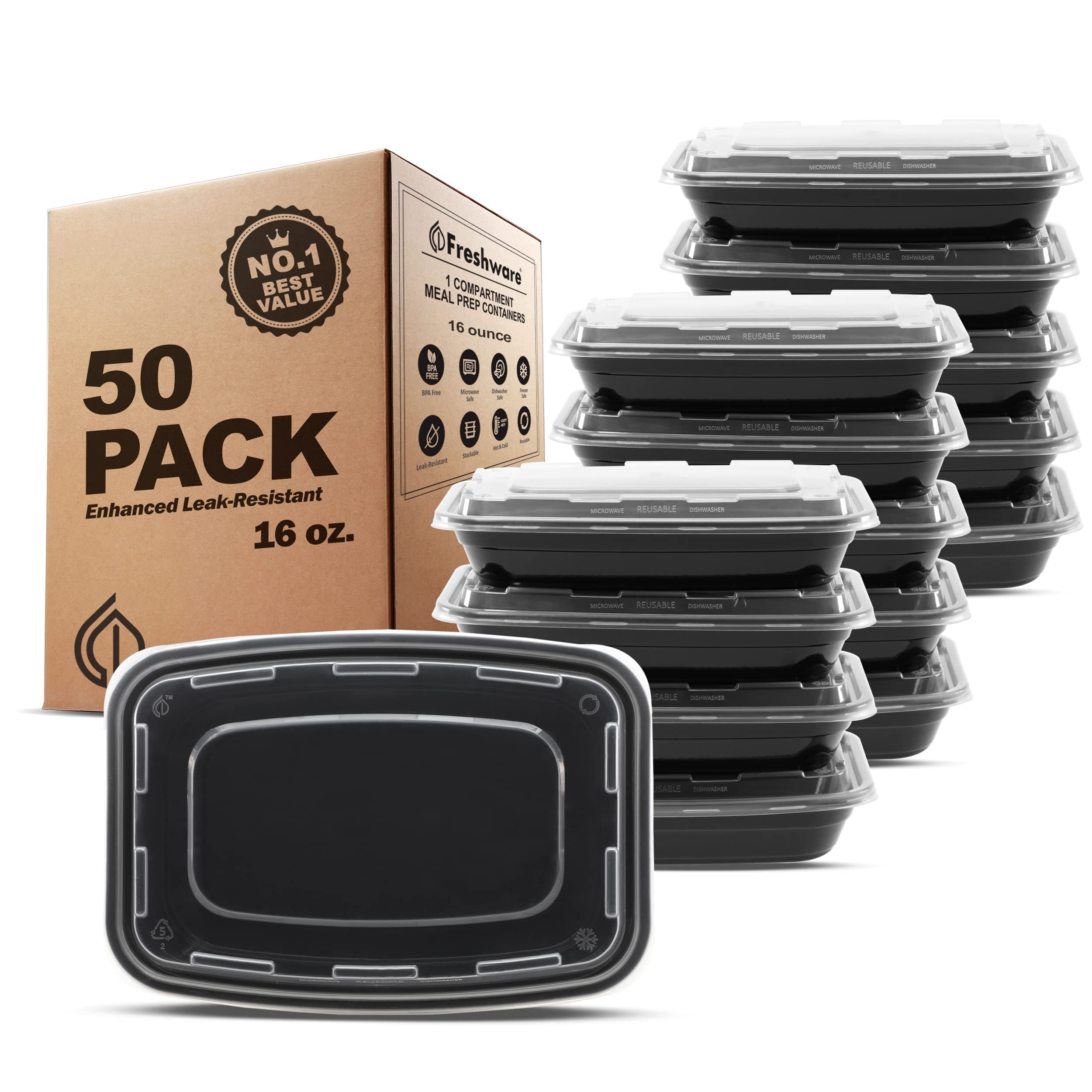 Freshware Meal Prep Containers [50 Pack] 1 Compartment Food Storage Containers with Lids, Bento Box, BPA Free, Stackable, Microwave/Dishwasher/Freezer Safe (16 oz) 16OZ-50PK